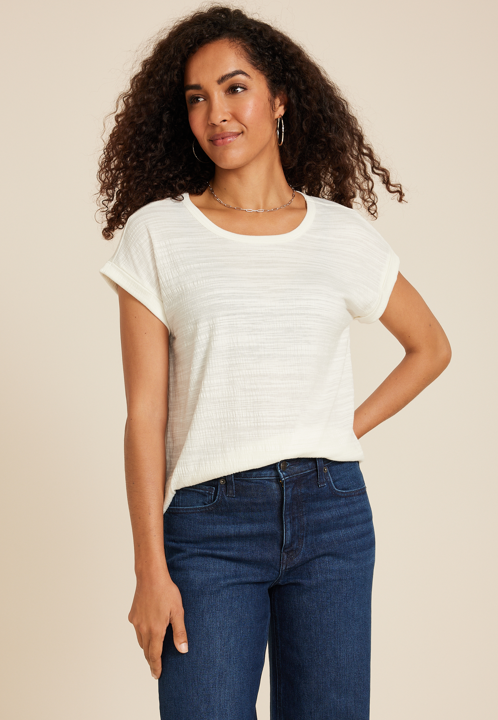 Maurices Women's Medium Size 24/7 Clara Textured Short Sleeve Tee White