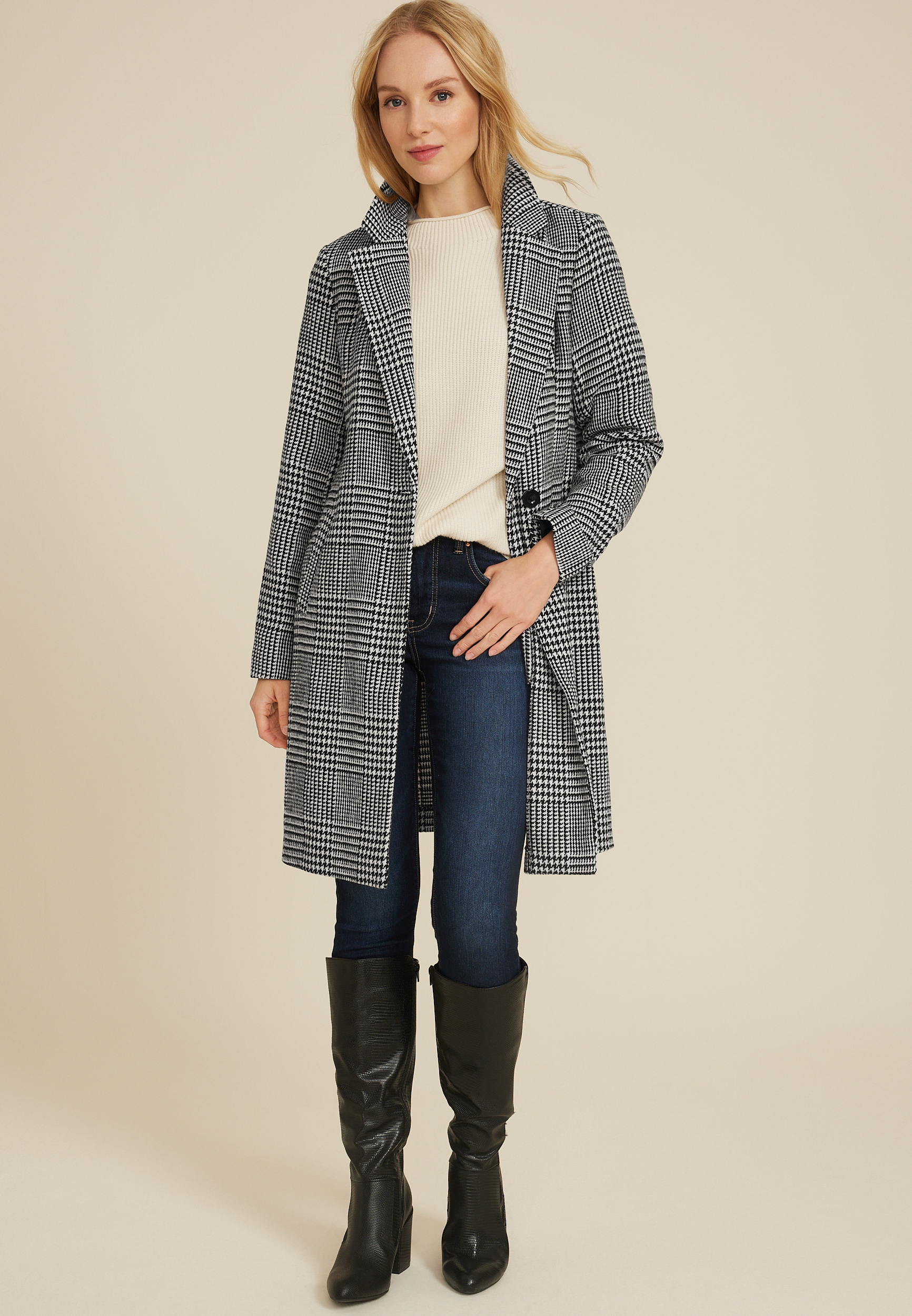 One Button Houndstooth Dress Coat