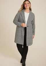 Plus Size One Button Houndstooth Dress Coat, GRAY COMBO, small