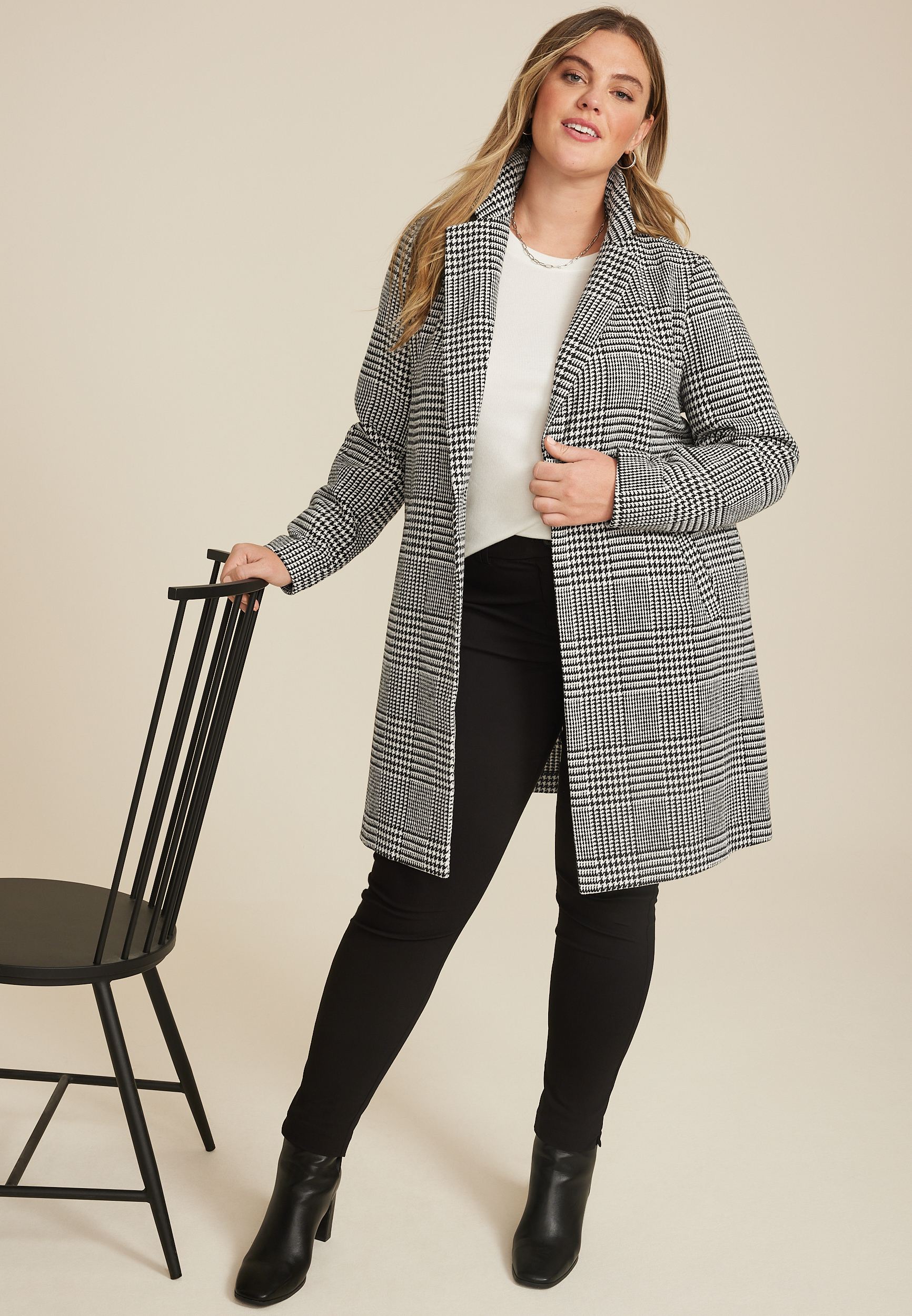 Plus Size One Button Houndstooth Dress Coat, GRAY COMBO, large