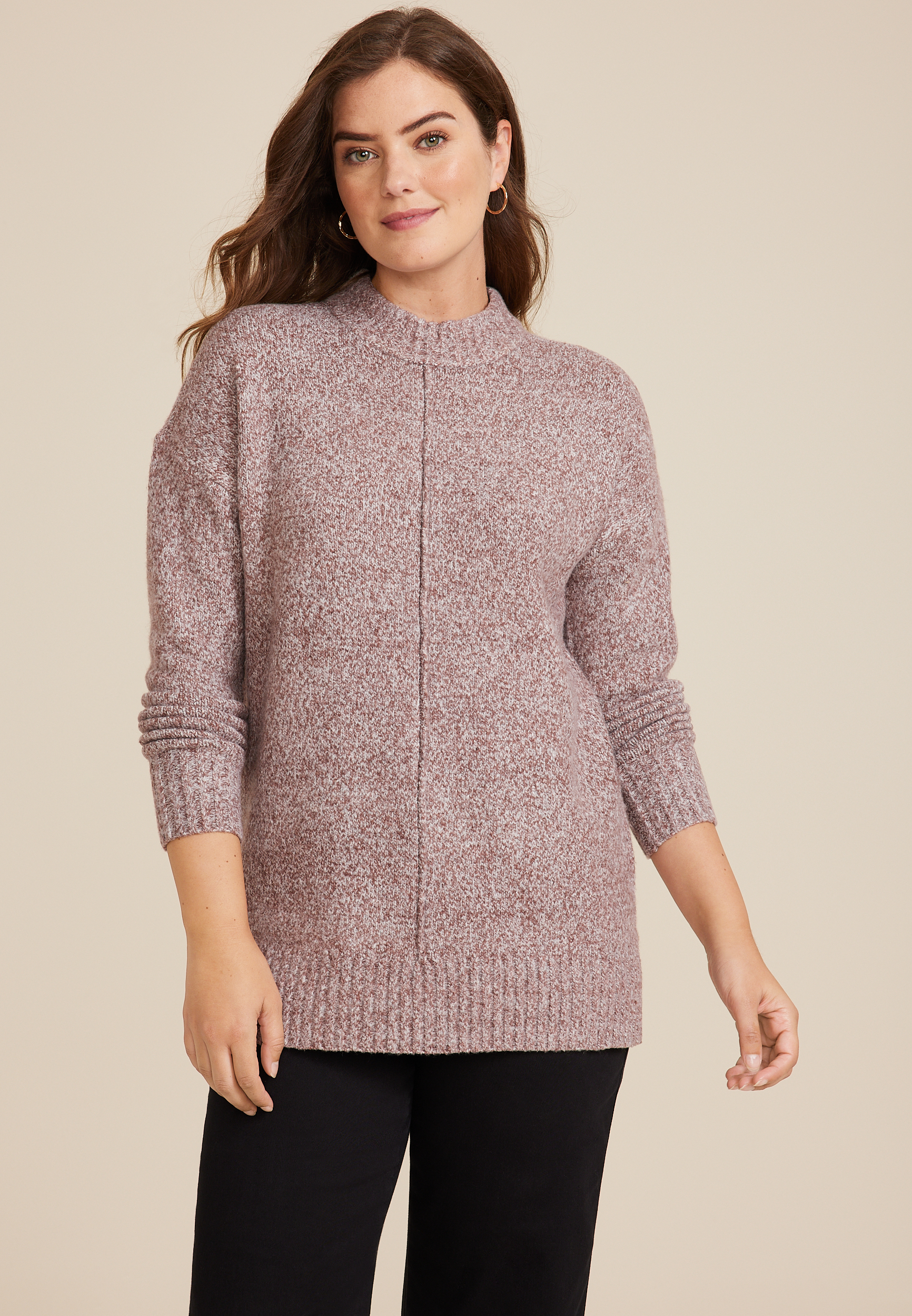 Marled Mock Neck Tunic Sweater, C894, large