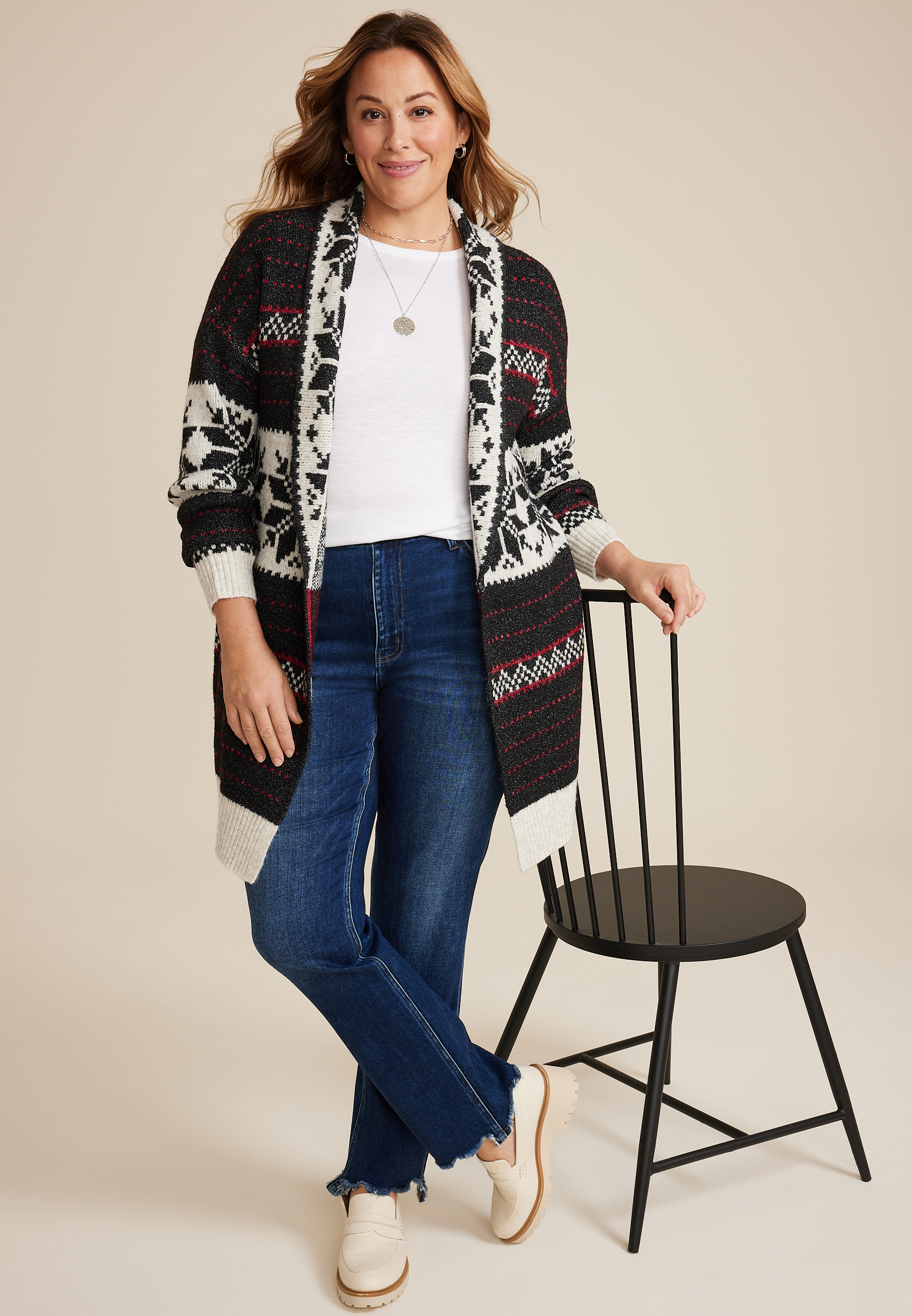 Plus Size Fair Isle Shawl Cardigan, BLACK COMBO, large