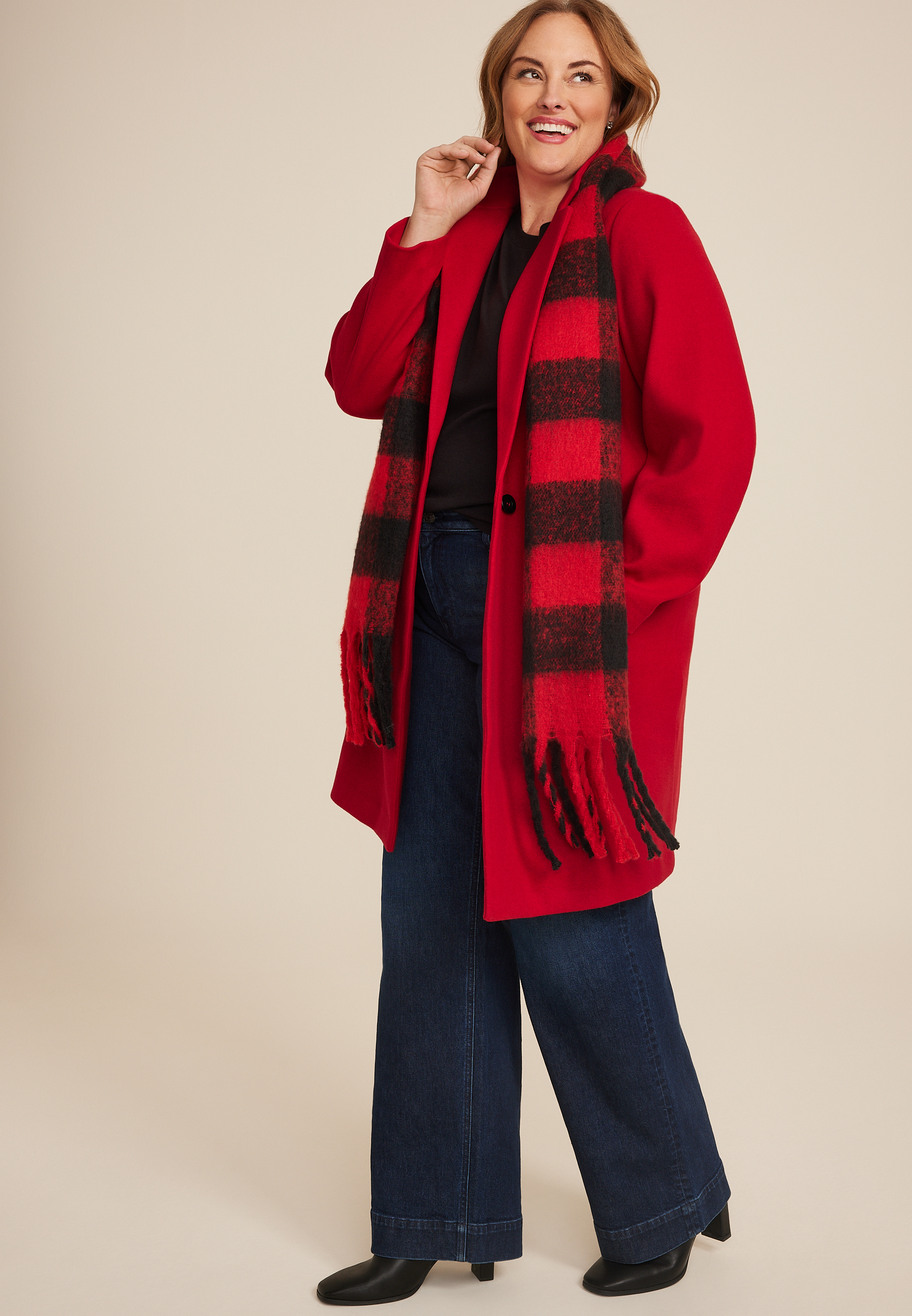 Plus Size One Button Dress Coat, REBEL RED, large