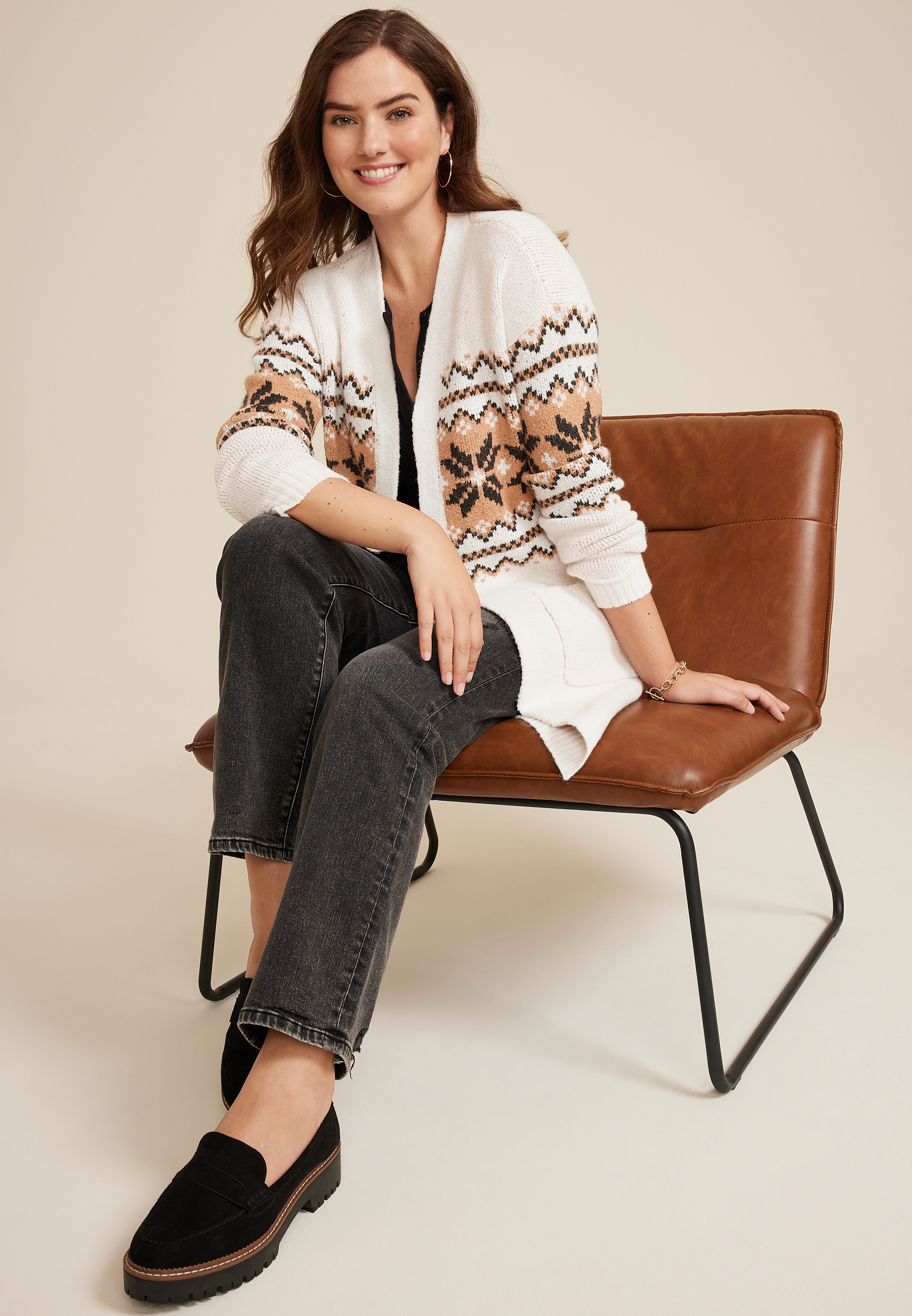 Snowflake Fair Isle Open Front Cardigan, ECRU COMBO, large