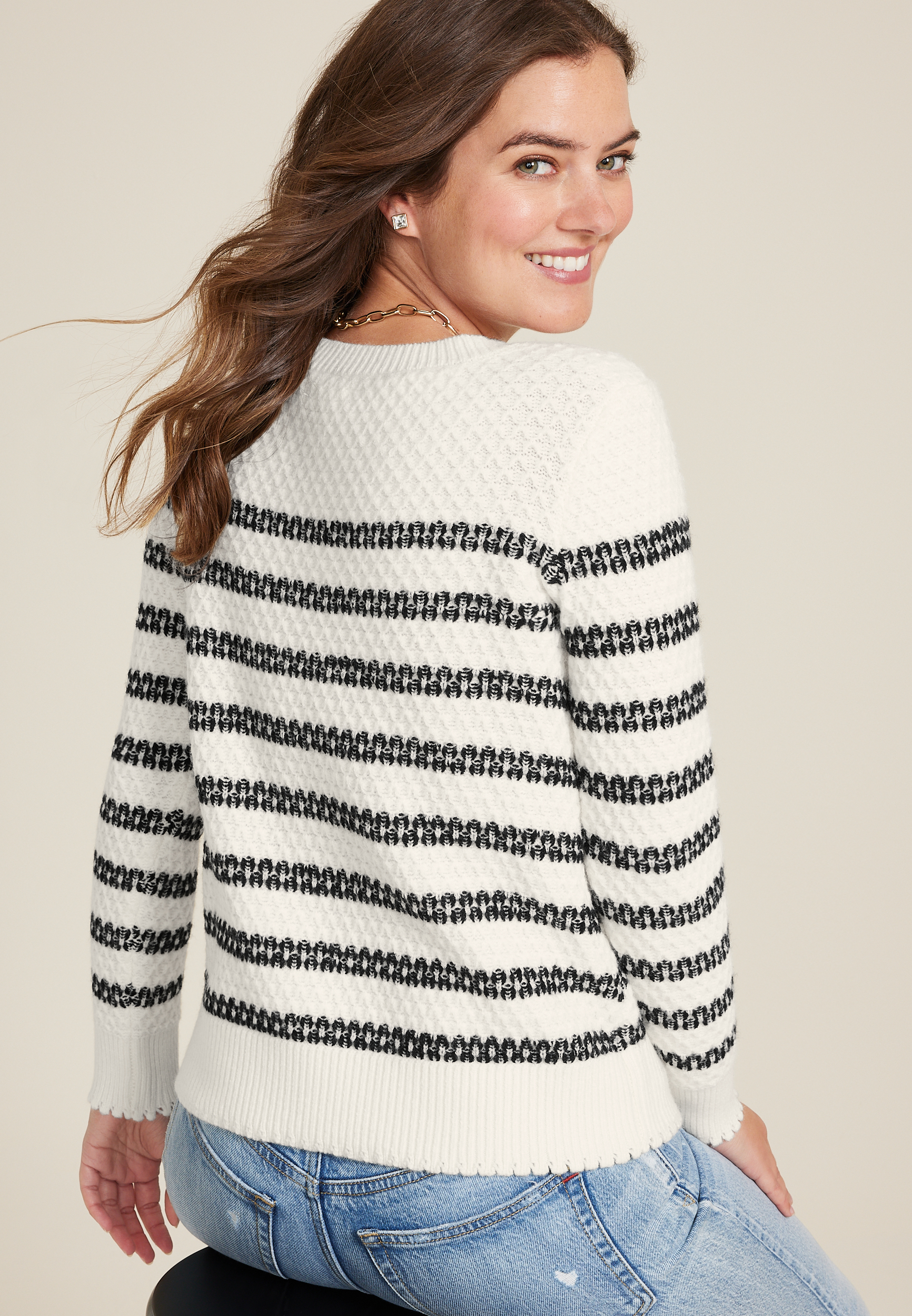 Novelty Stitch Crew Neck Sweater, ECRU COMBO, large