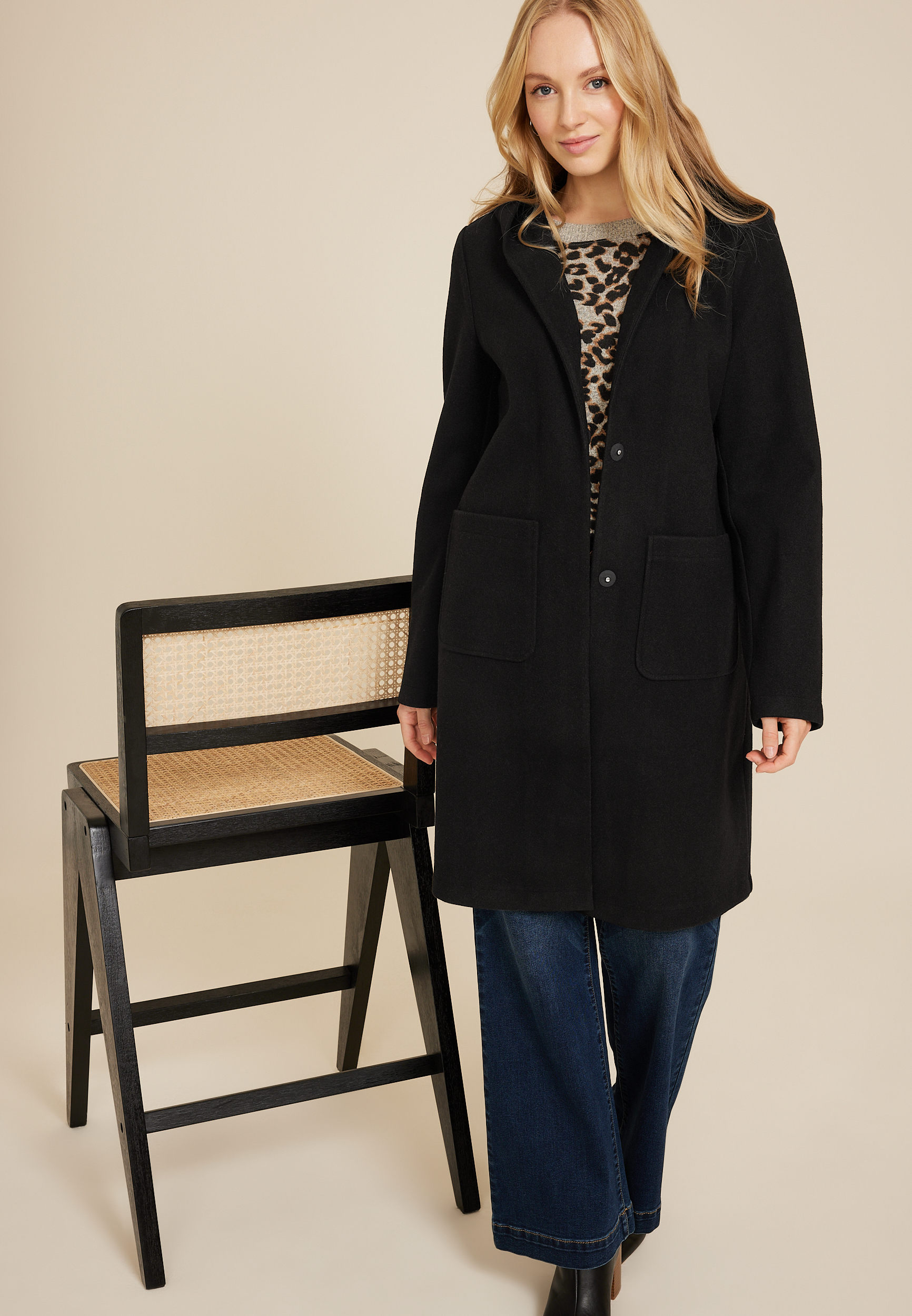 Hooded Dress Coat, BLACK, large