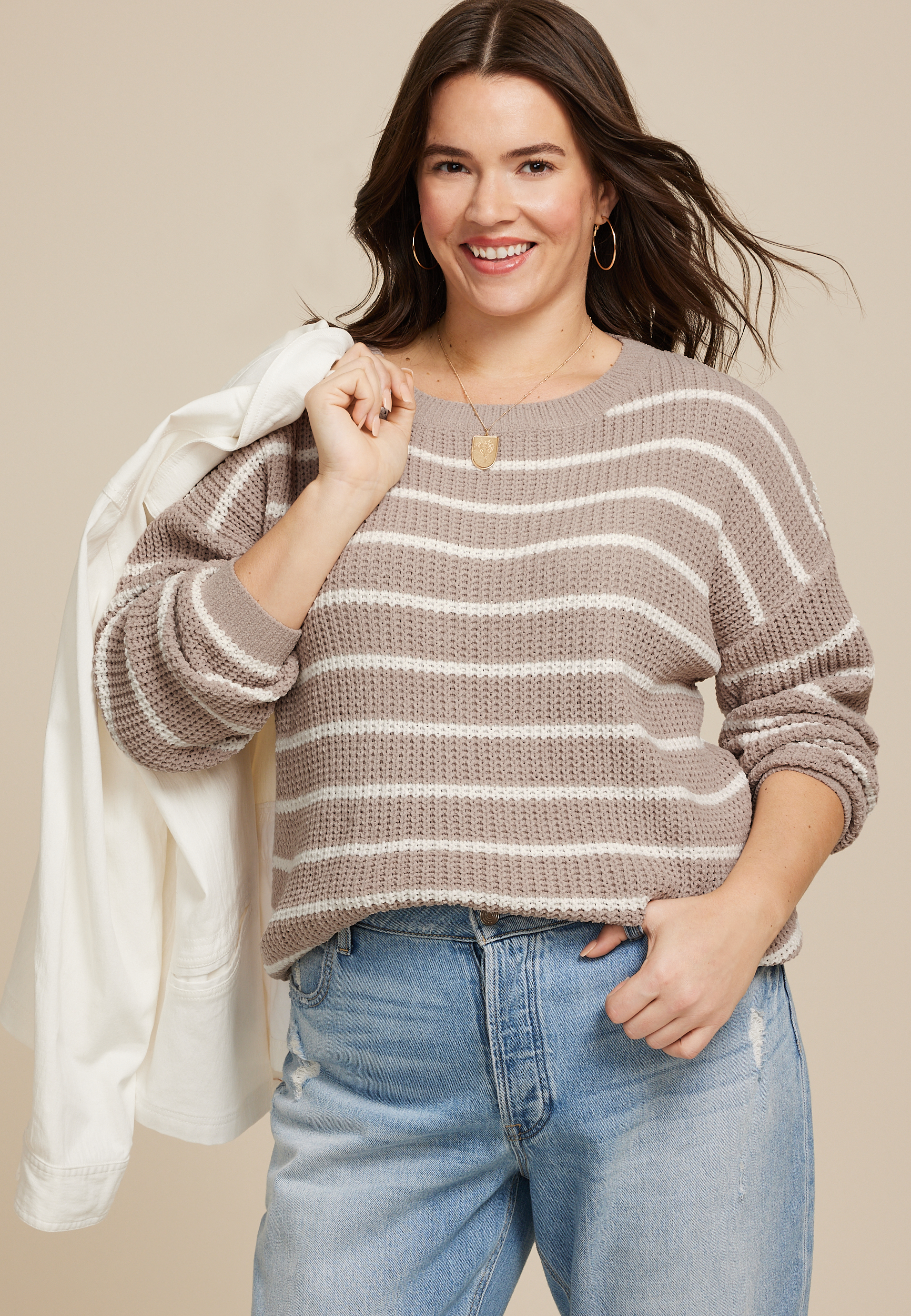 Plus Size Chenille Striped Sweater, C5521, large