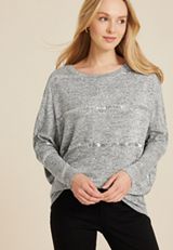24/7 Dakota Sequin Striped Long Sleeve Dolman Top, LIGHT HEATHER GRAY, small