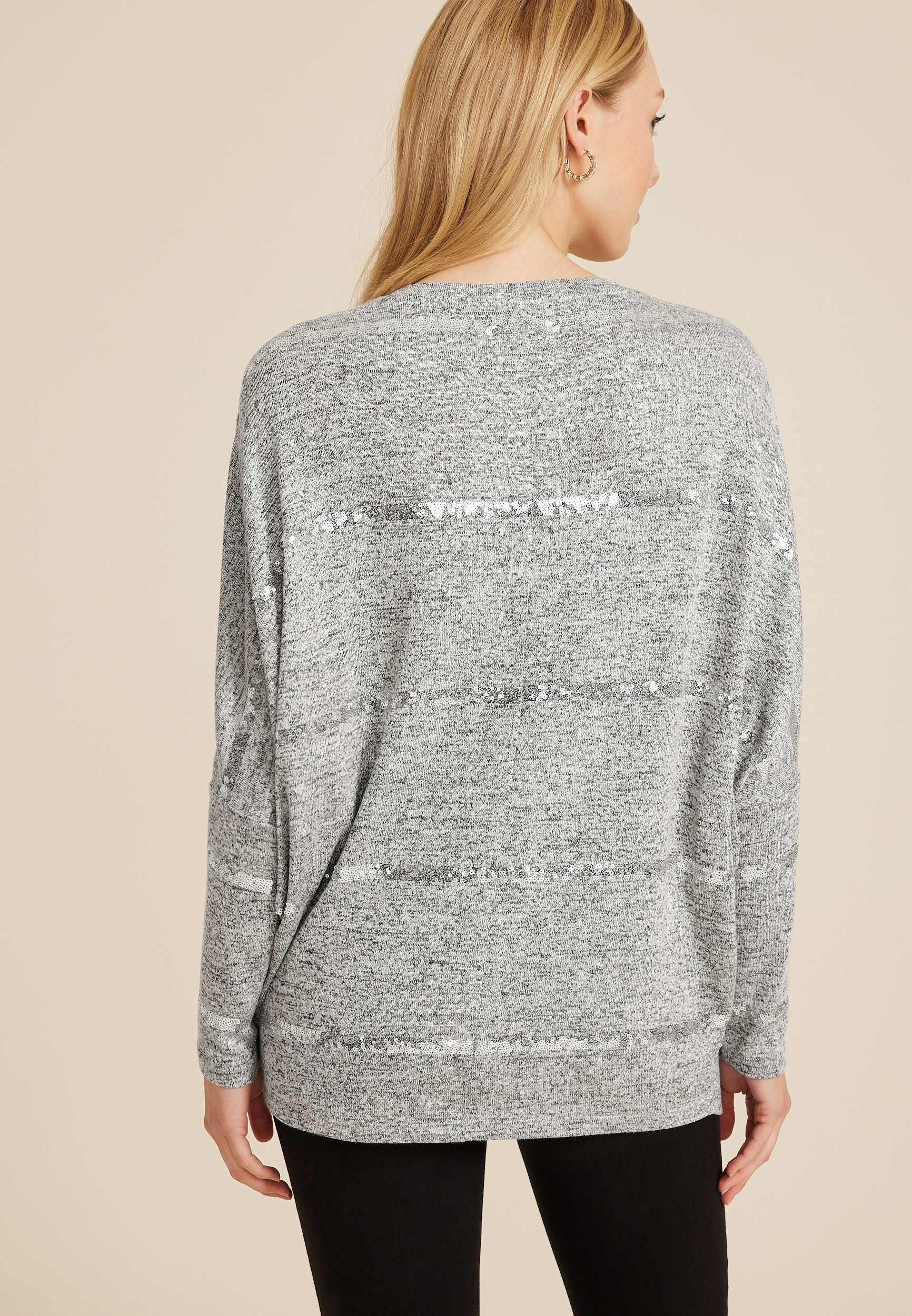 24/7 Dakota Sequin Striped Long Sleeve Dolman Top, LIGHT HEATHER GRAY, large
