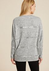 24/7 Dakota Sequin Striped Long Sleeve Dolman Top, LIGHT HEATHER GRAY, small