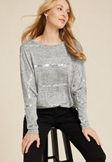 24/7 Dakota Sequin Striped Long Sleeve Dolman Top, LIGHT HEATHER GRAY, small