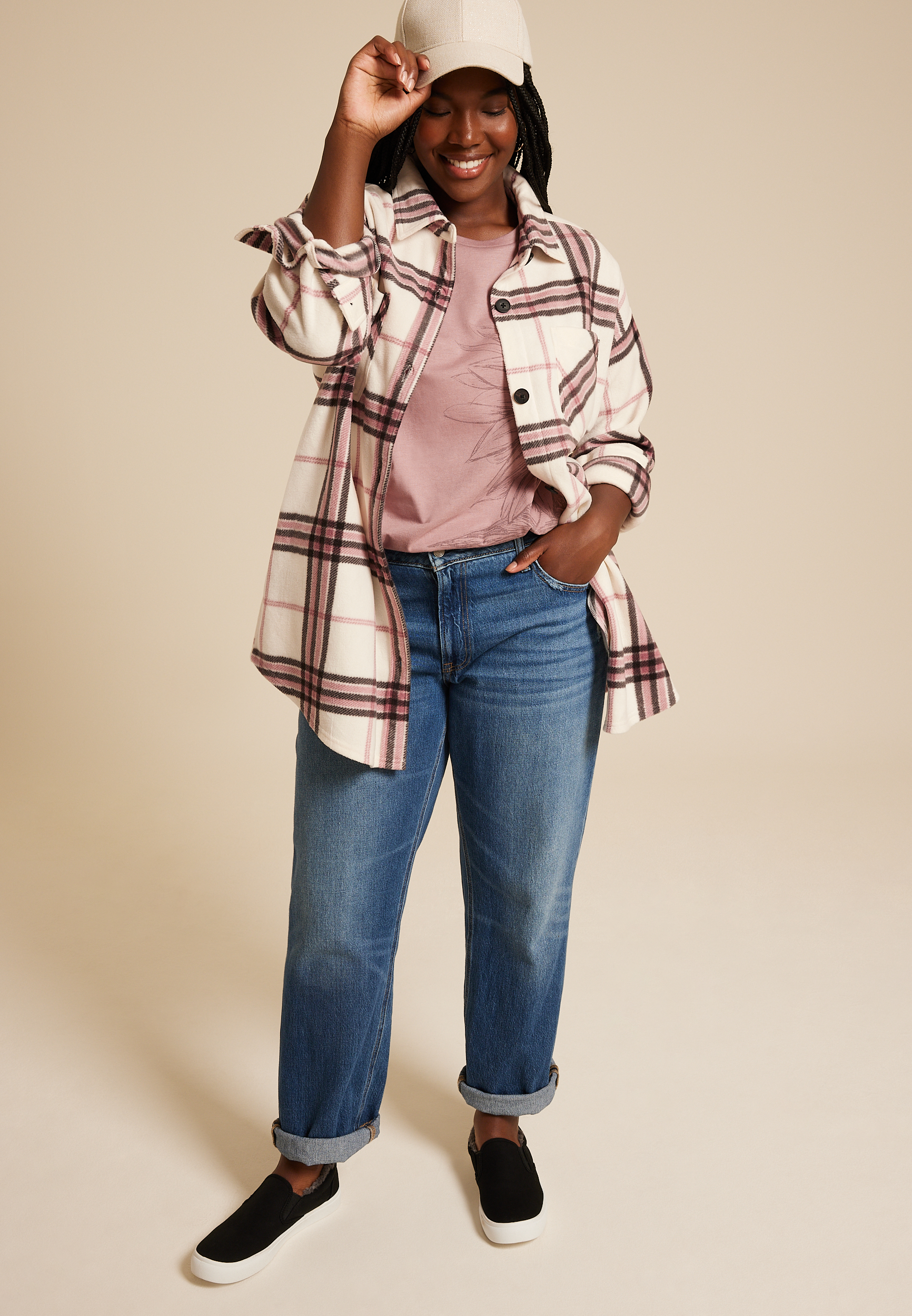 Plus Size Wilder Plaid Fleece Shacket, ECRU COMBO, large