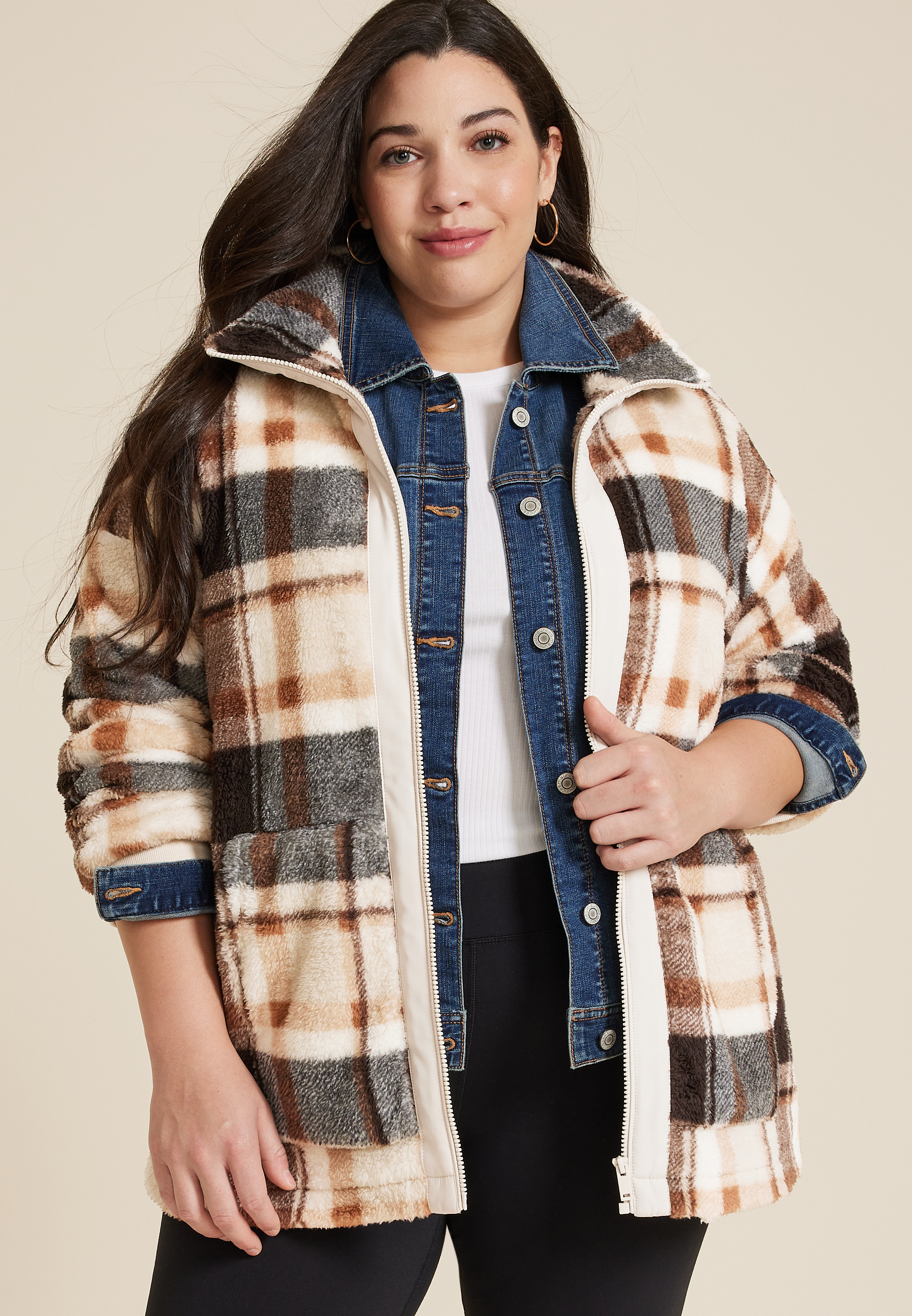 Plus Size Favorite Sherpa Zip Up Jacket, NEUTRAL COMBO, large