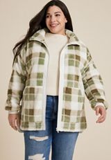 Plus Size Favorite Sherpa Zip Up Jacket, GREEN COMBO, small