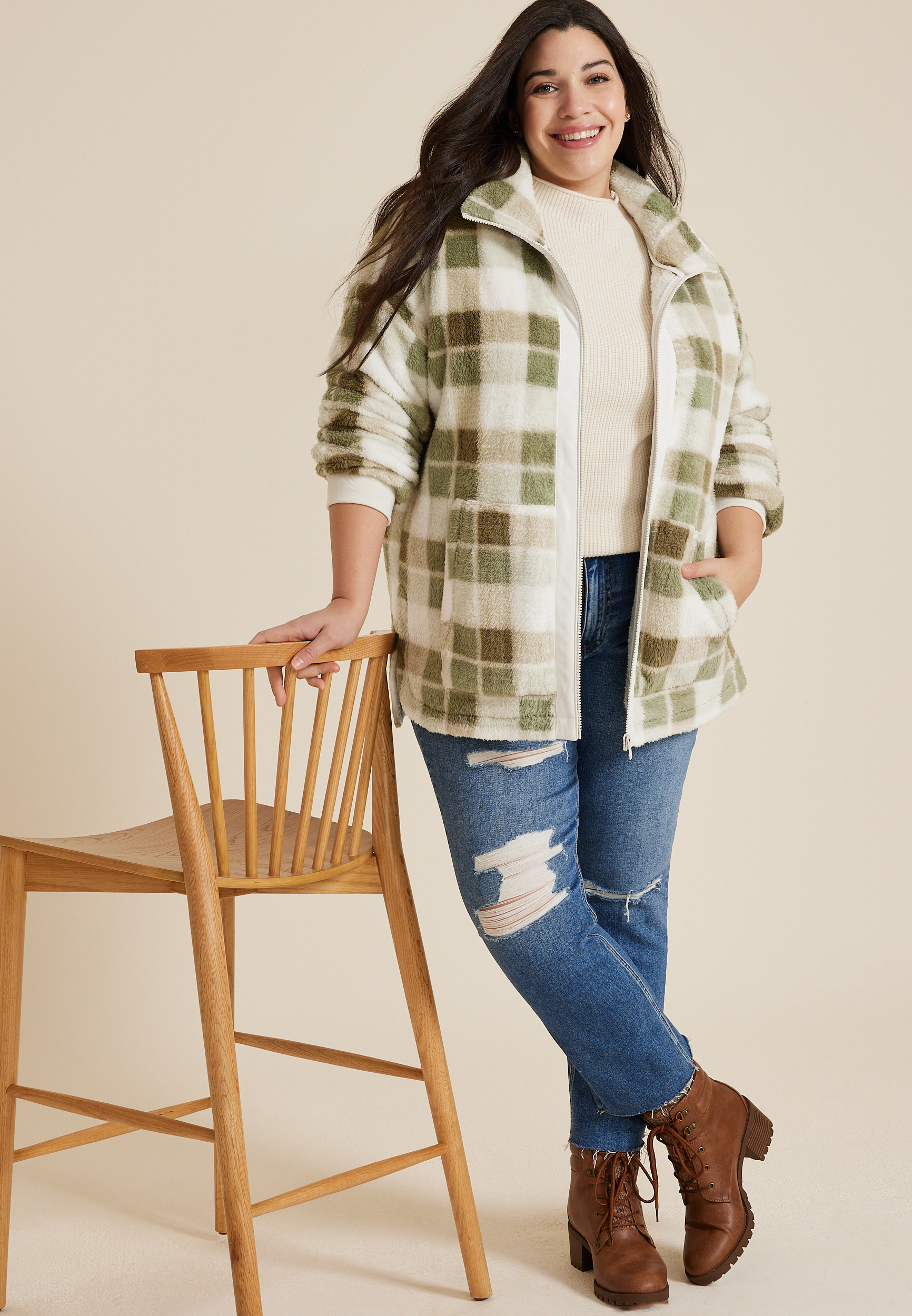 Plus Size Favorite Sherpa Zip Up Jacket, GREEN COMBO, large