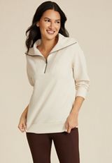 Ribbed Knit Shawl Collar Tunic Sweatshirt, COFFEE CREAMER, small