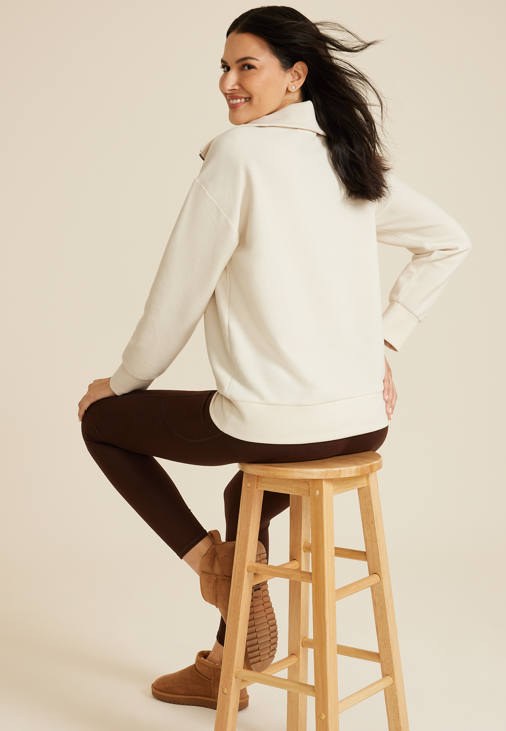 Ribbed Knit Shawl Collar Tunic Sweatshirt, COFFEE CREAMER, large