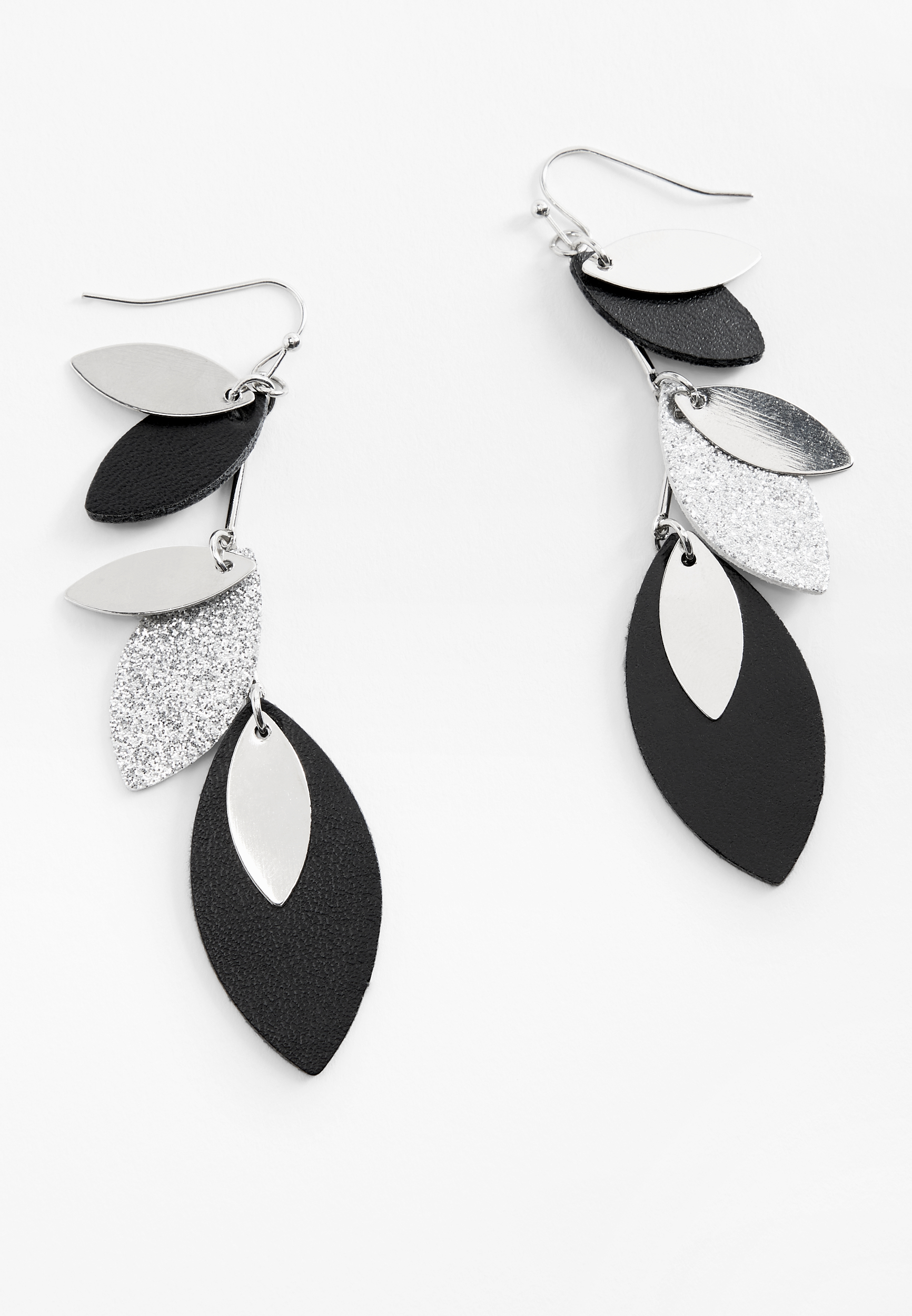 Black And Silver Linear Leaf Drop Earrings