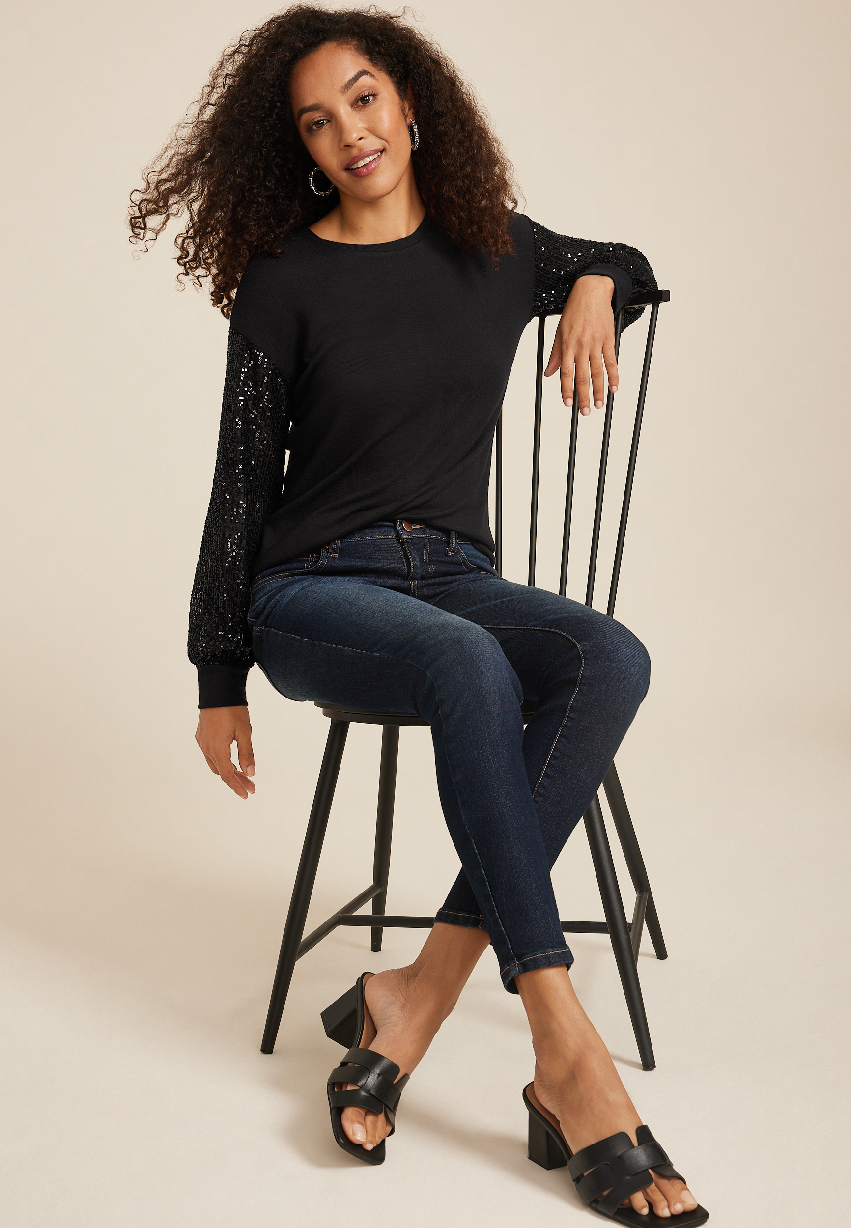 Sequin Sleeve Drop Shoulder Blouse