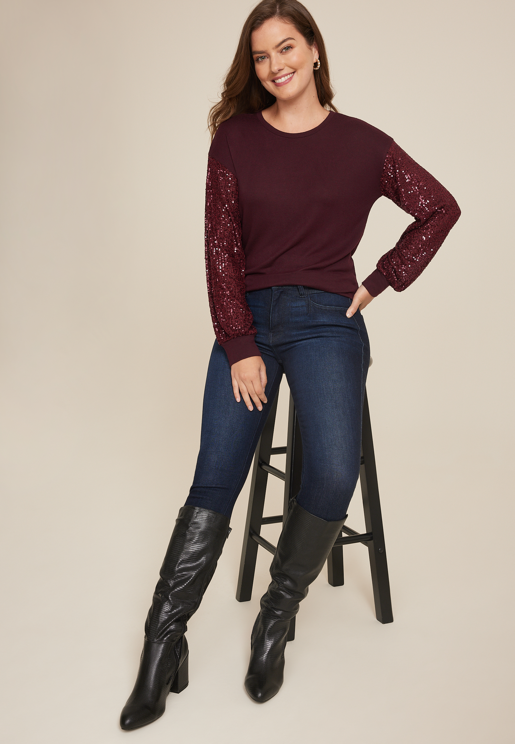 Sequin Sleeve Drop Shoulder Blouse, C1656, large
