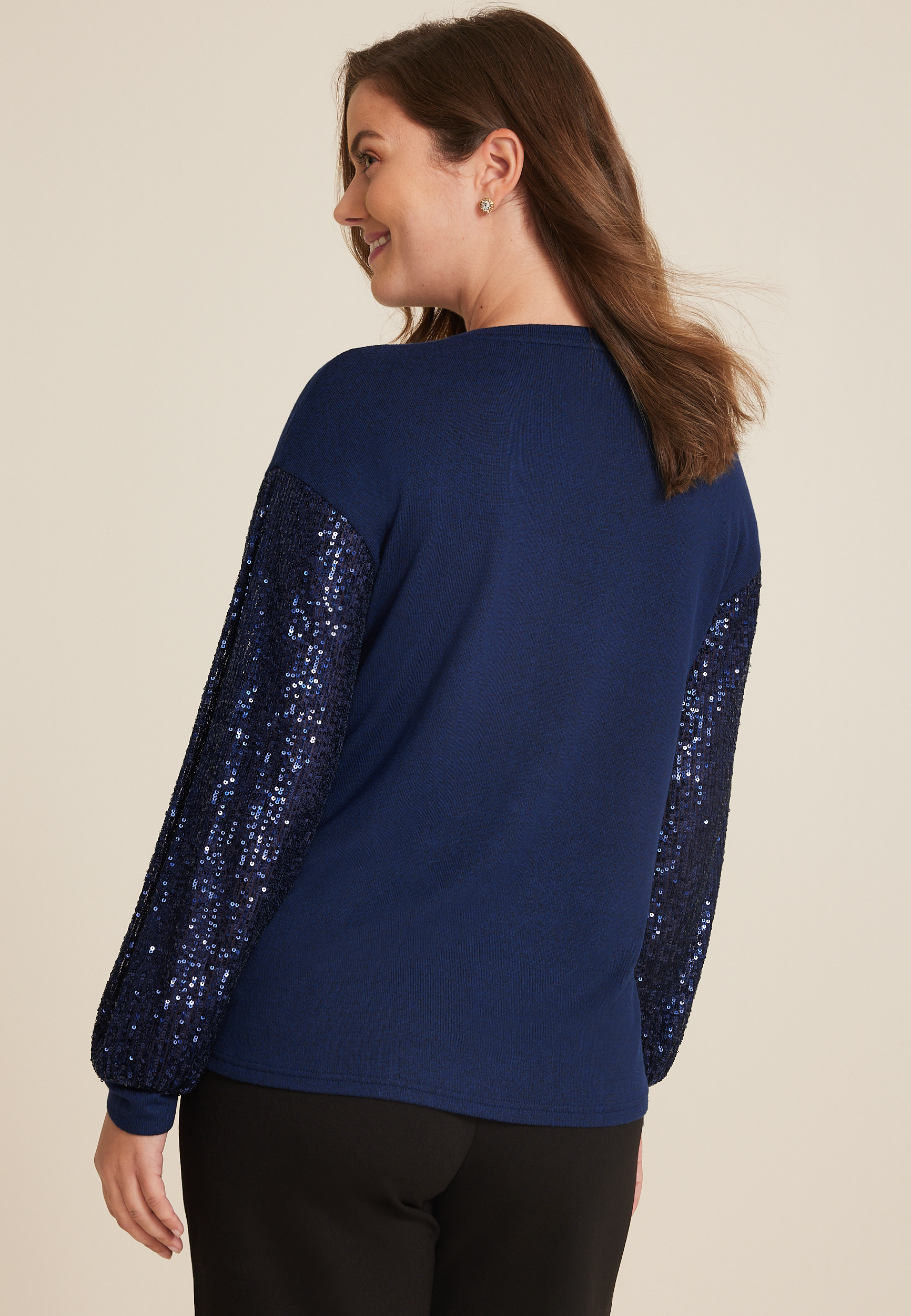 Sequin Sleeve Drop Shoulder Blouse, NAVY COMBO, large