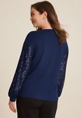 Sequin Sleeve Drop Shoulder Blouse, NAVY COMBO, small