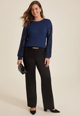 Sequin Sleeve Drop Shoulder Blouse, NAVY COMBO, small