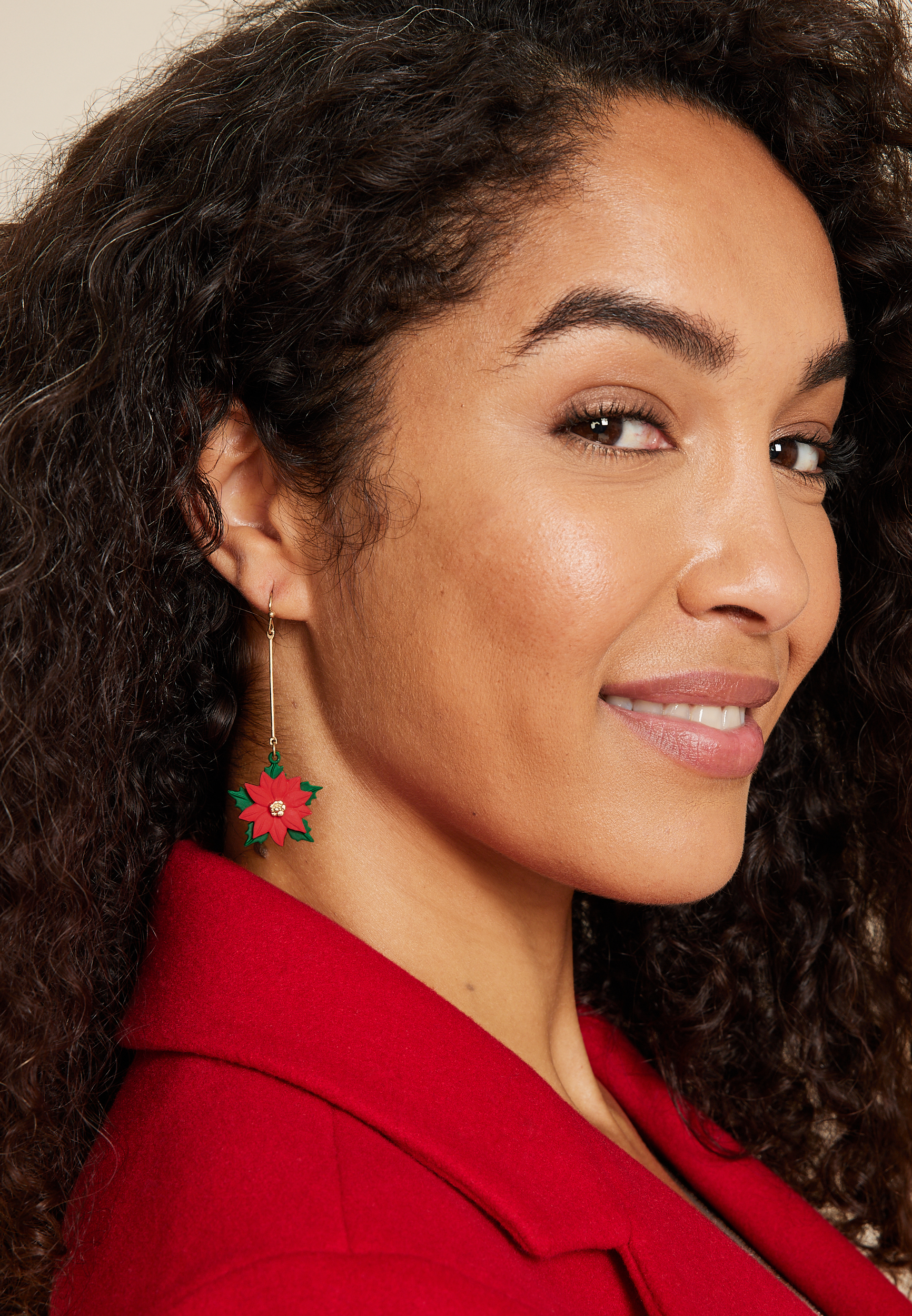 Red Poinsettia Drop Earrings, RED, large