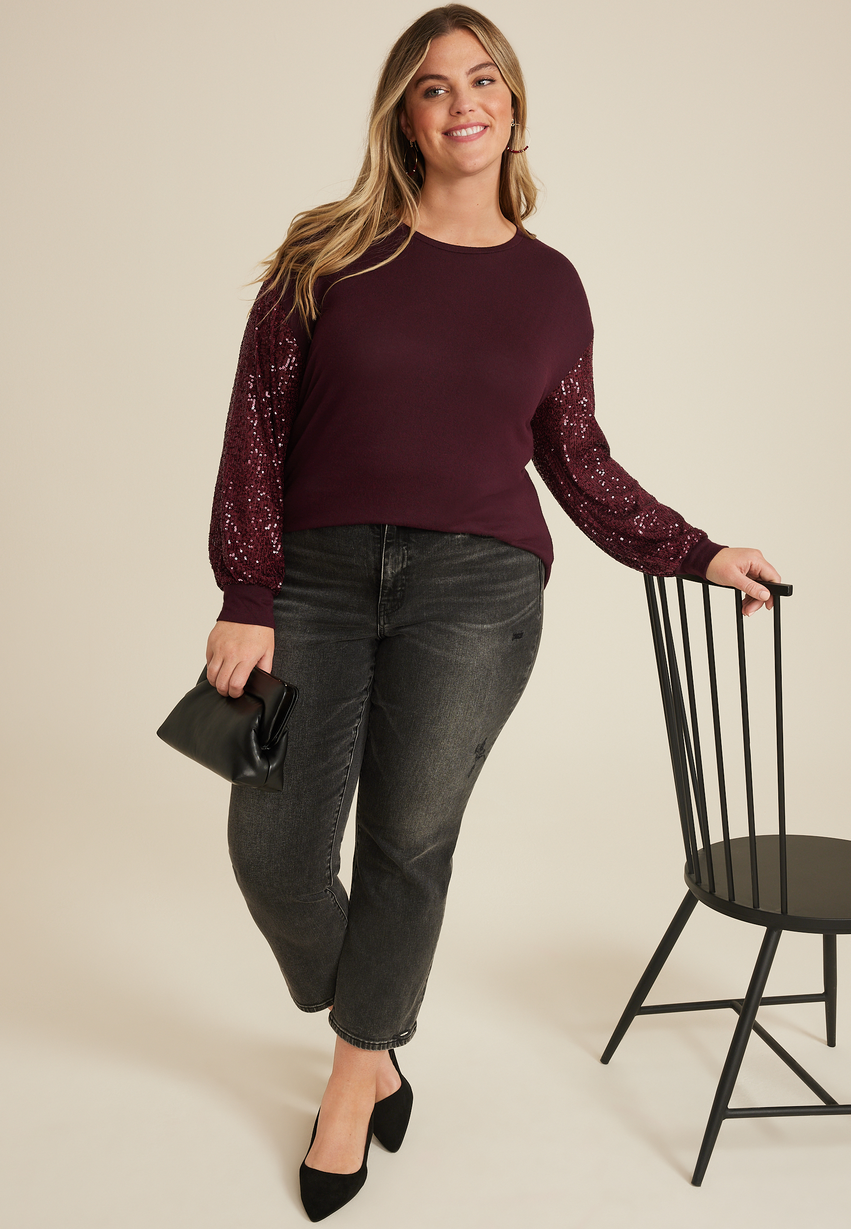 Plus Size Sequin Sleeve Drop Shoulder Blouse, C1656, large