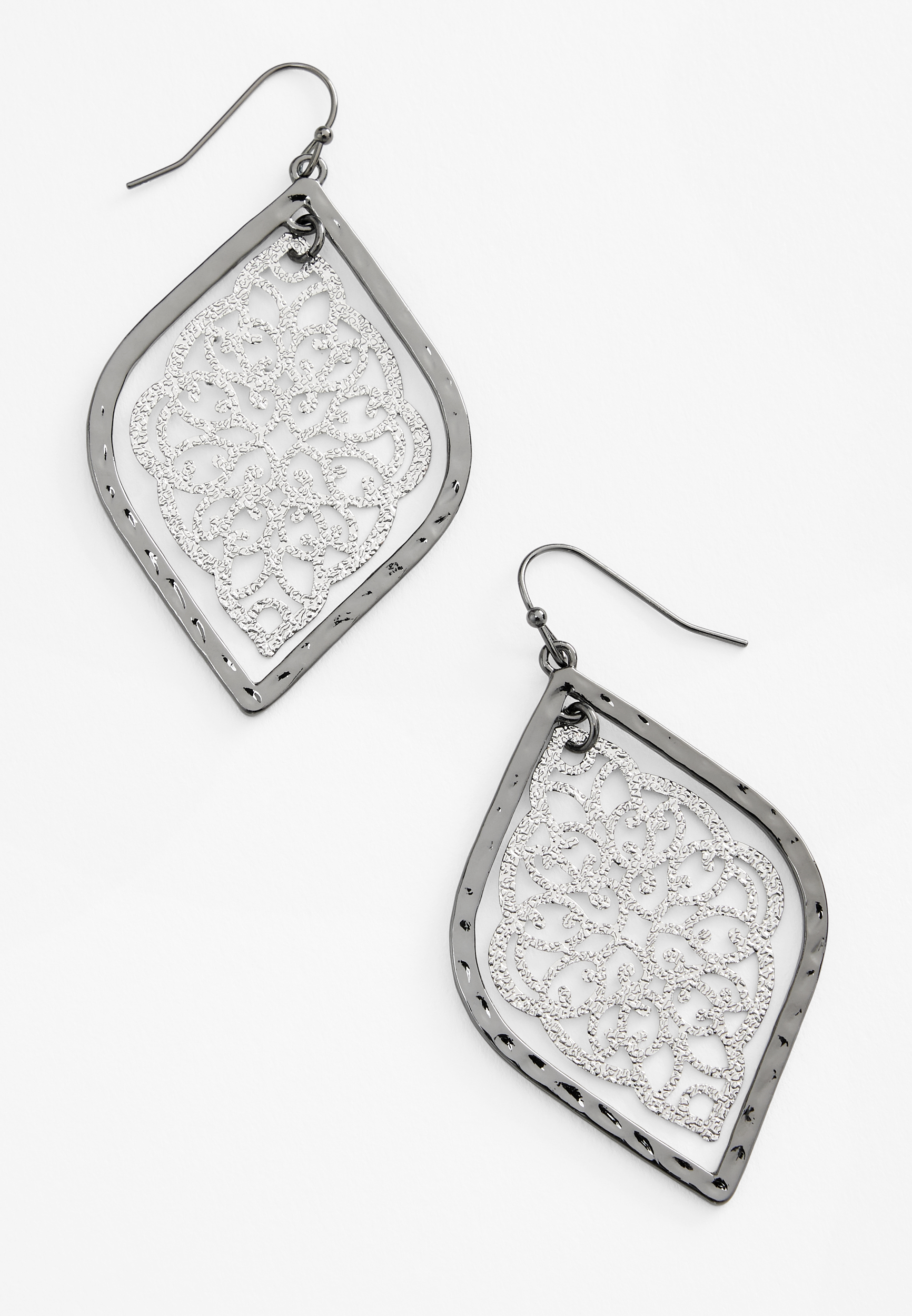 Silver And Hematite Filigree Drop Earrings