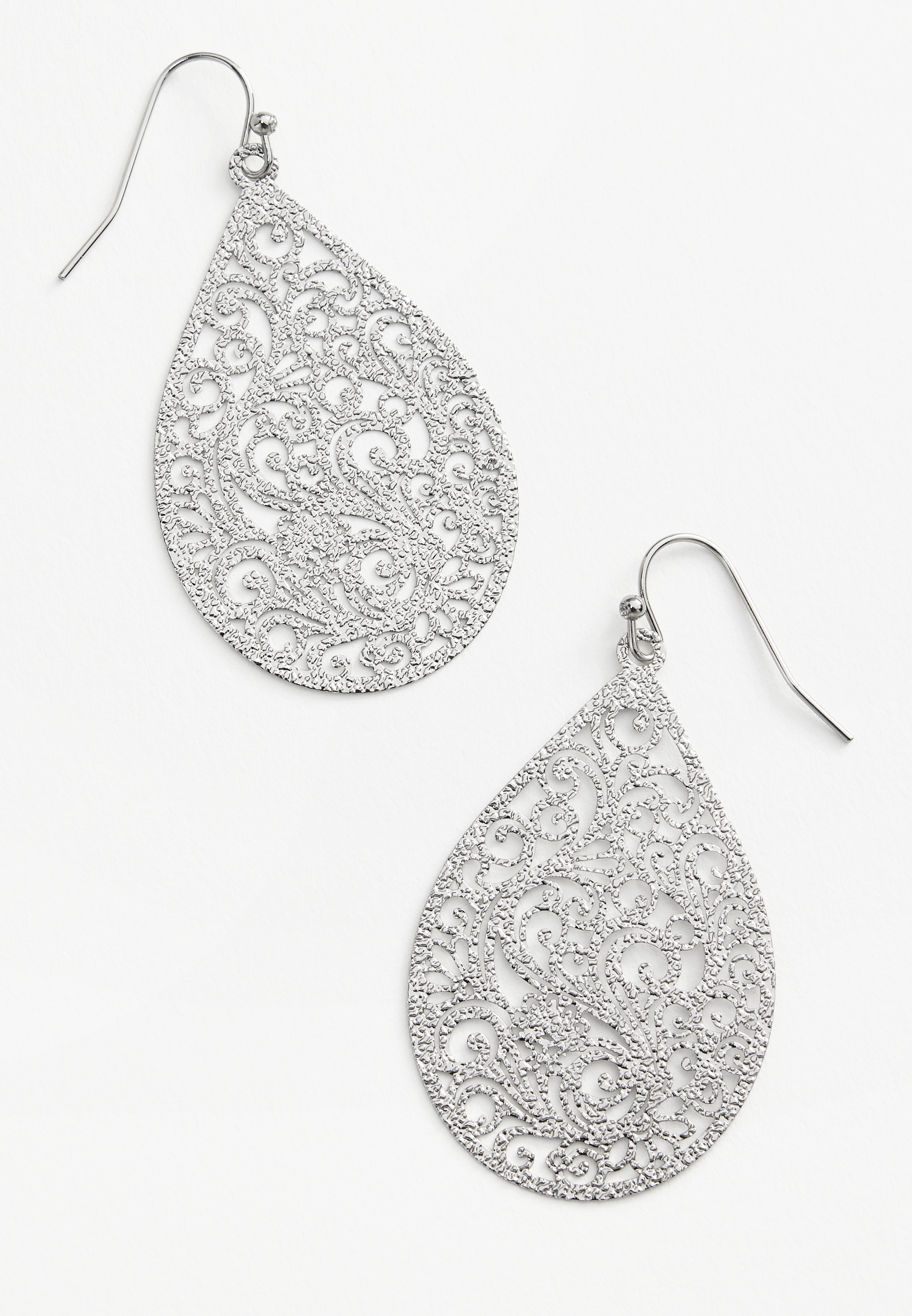 Silver Textured Filigree Teardrop Earrings