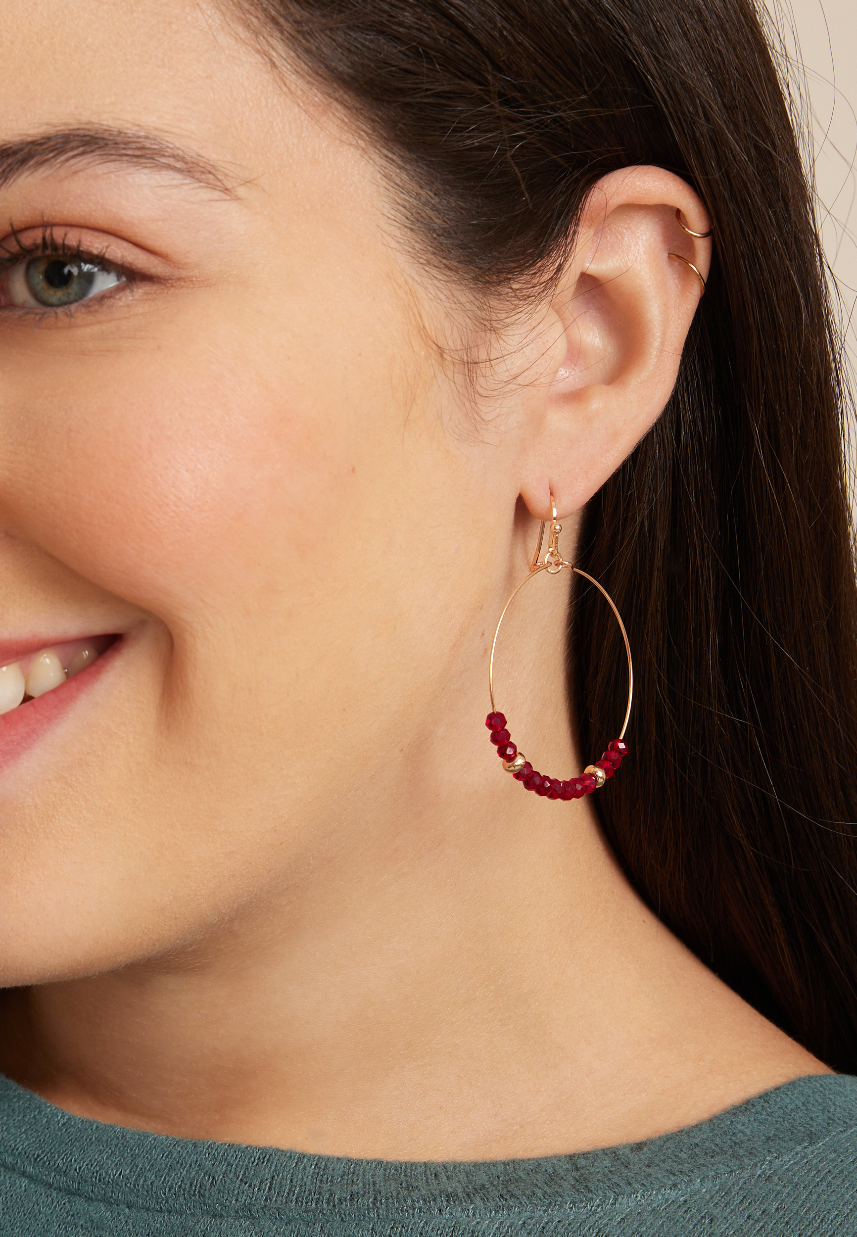 Beaded Hoop Earrings, RED, large