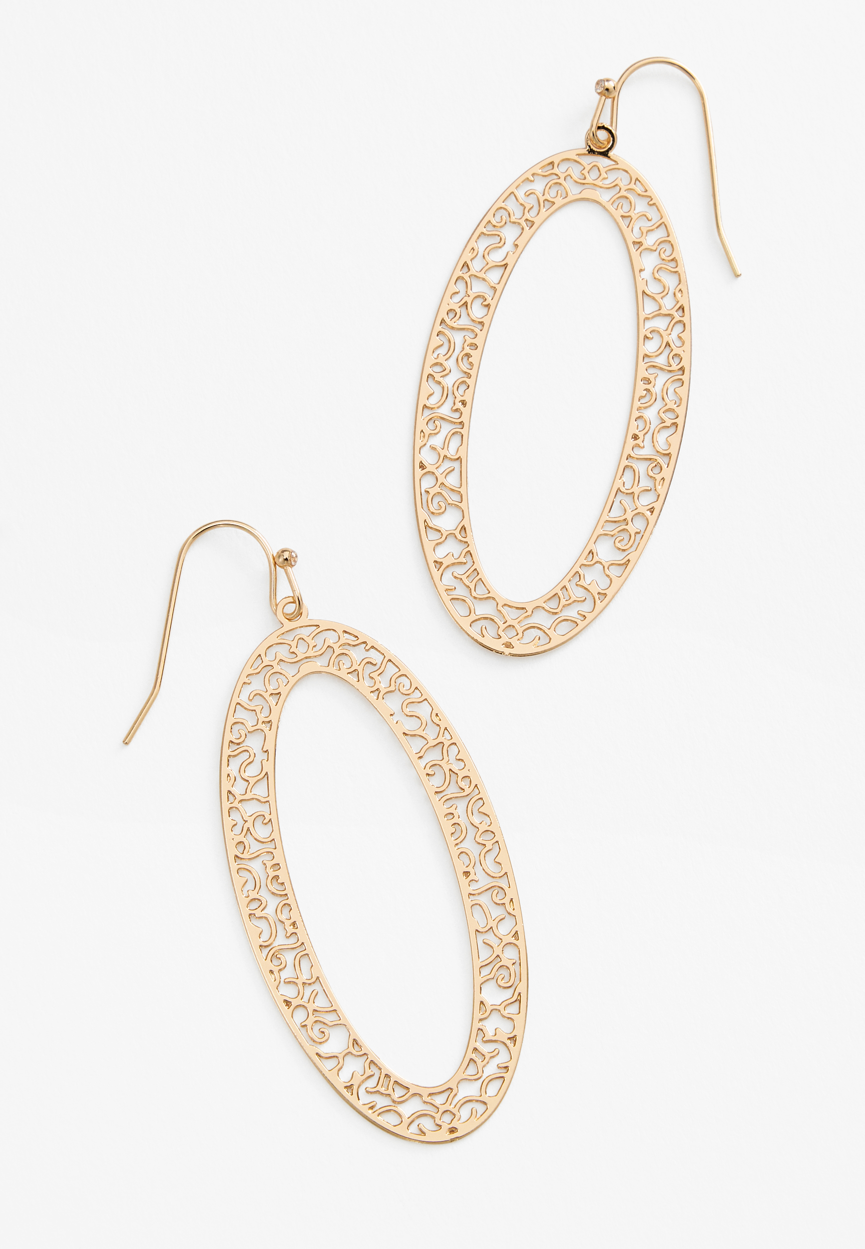 Gold Open Oval Filigree Drop Earrings