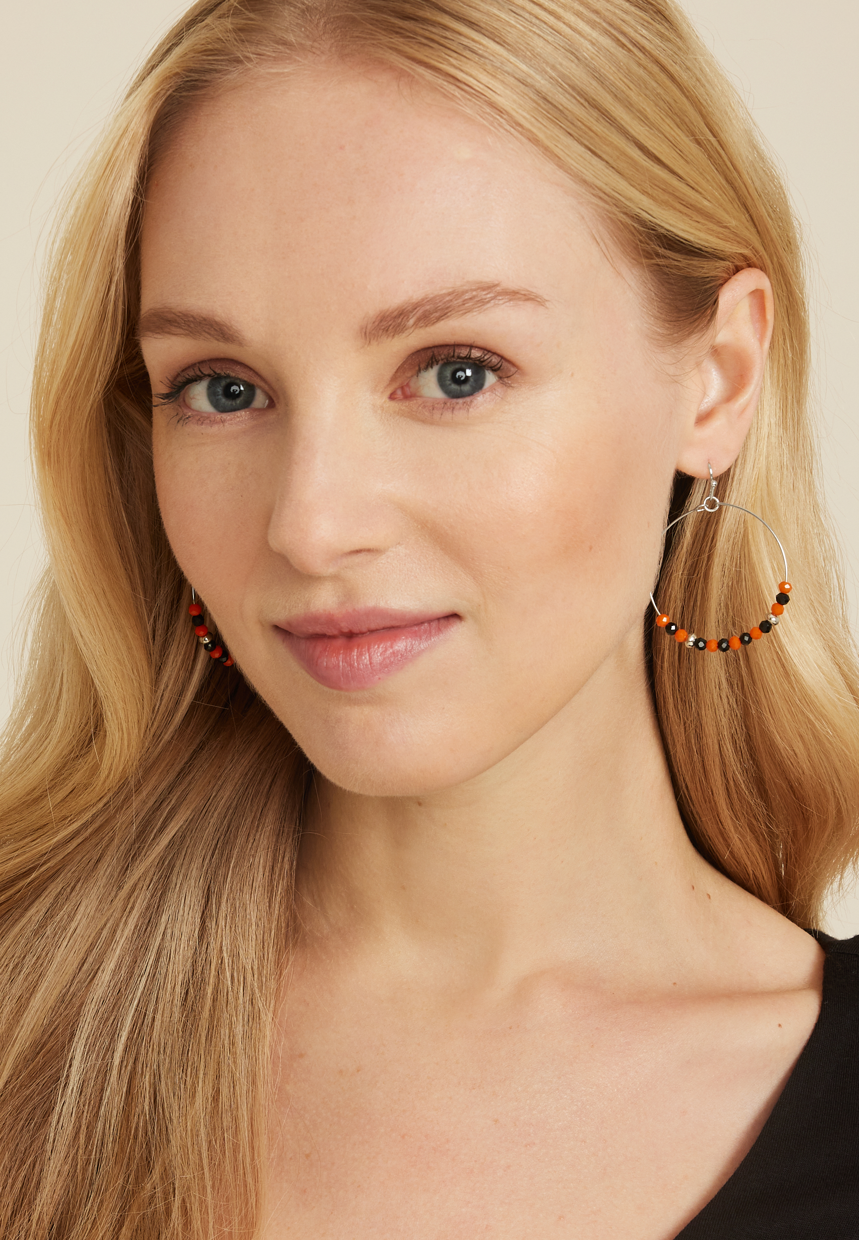 Black And Orange Beaded Hoop Earrings, C250, large