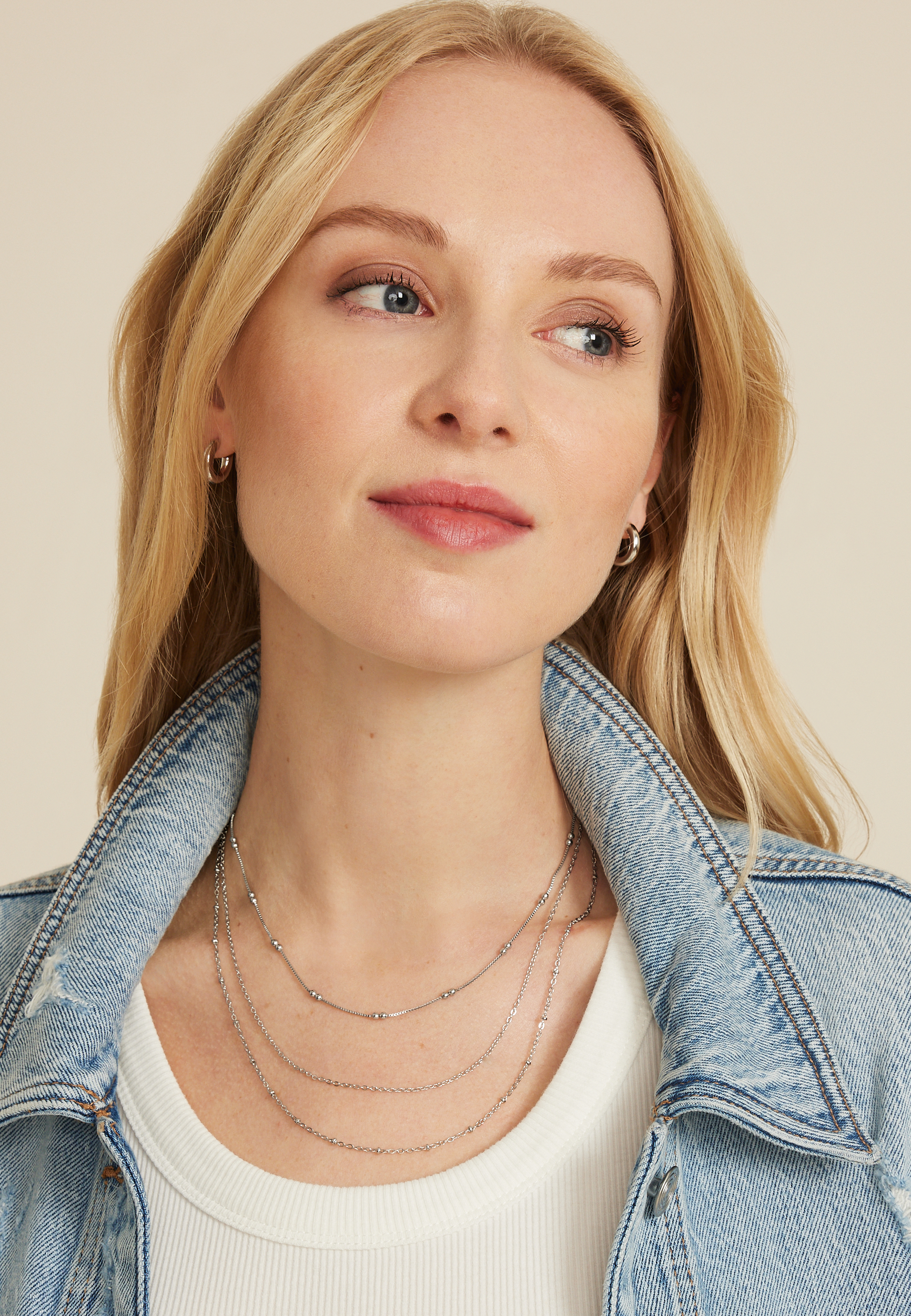 Silver Dainty Triple Layered Necklace, , large