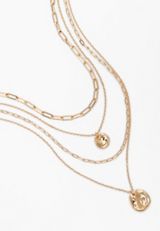 Gold Hammered Coin Pendant Layered Necklace, , small