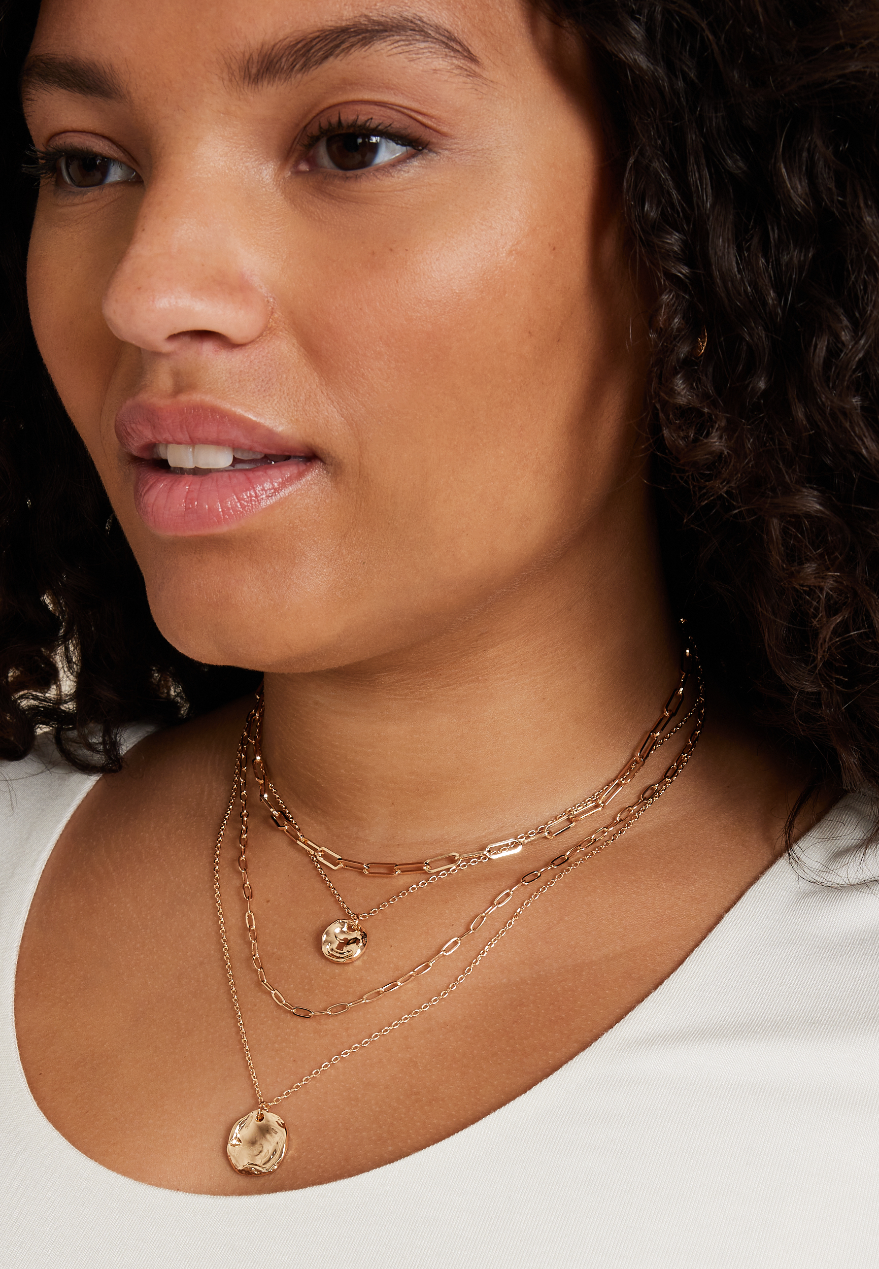 Gold Hammered Coin Pendant Layered Necklace, , large