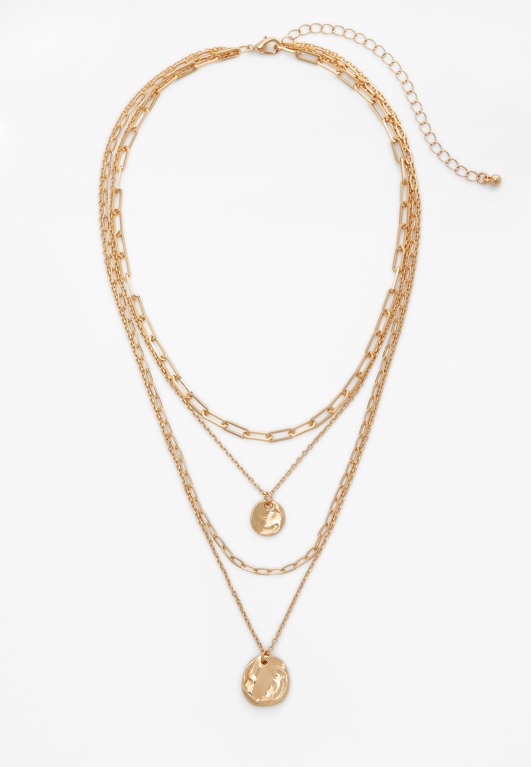 Gold Hammered Coin Pendant Layered Necklace, , large