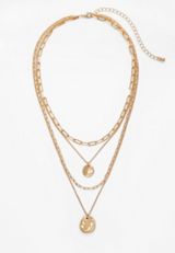 Gold Hammered Coin Pendant Layered Necklace, , small
