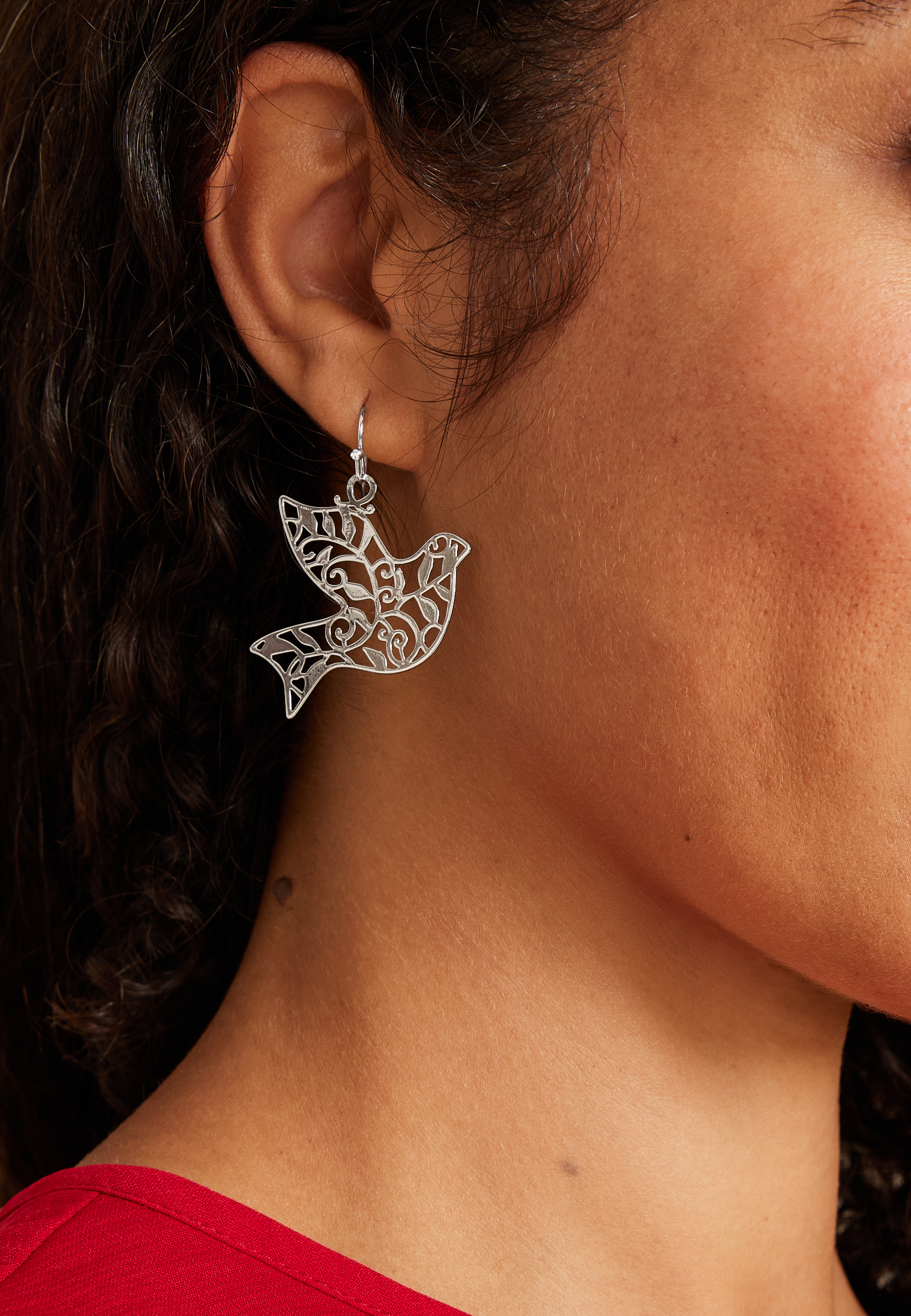 Silver Dove Laser Cut Drop Earrings, SILVER, large