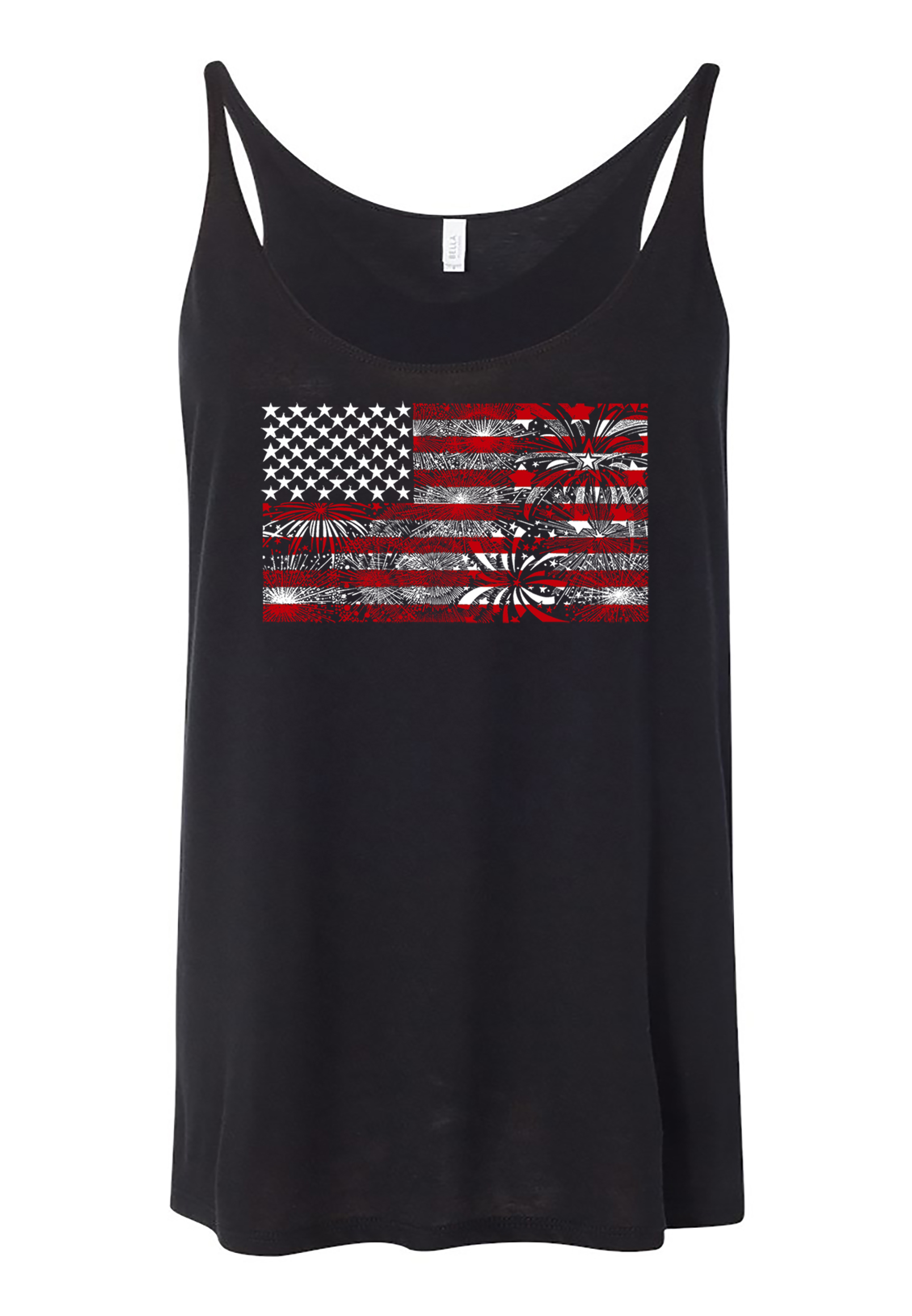 LA Pop Art Women's Fireworks American Flag Premium Word Flowy Tank