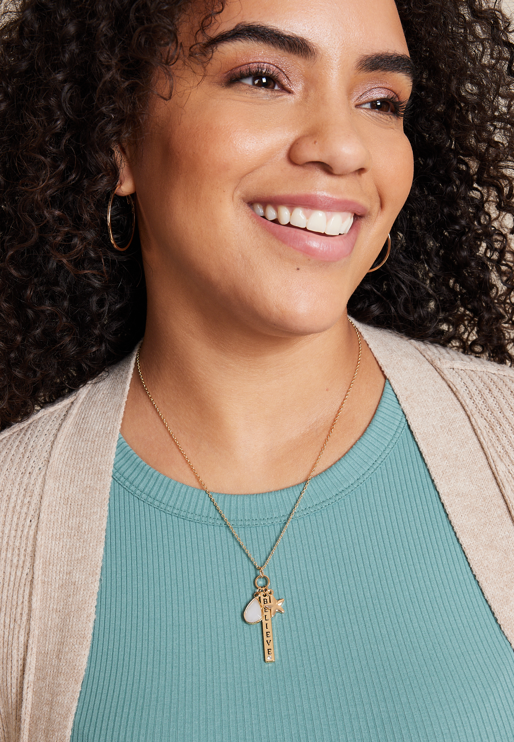 Gold Believe Charm Necklace, GOLD, large