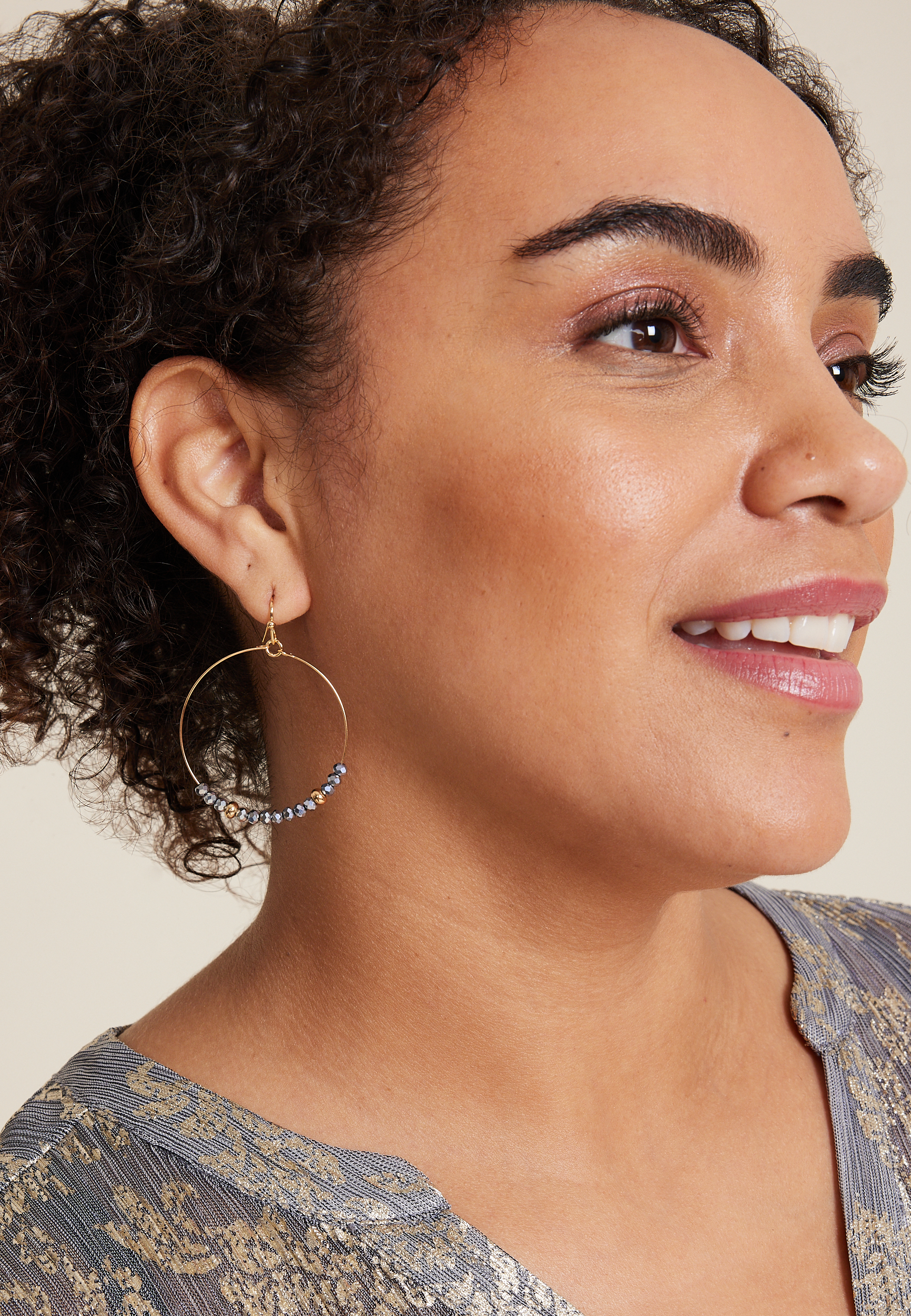 Metallic Silver Beaded Hoop Earrings, SILVER, large
