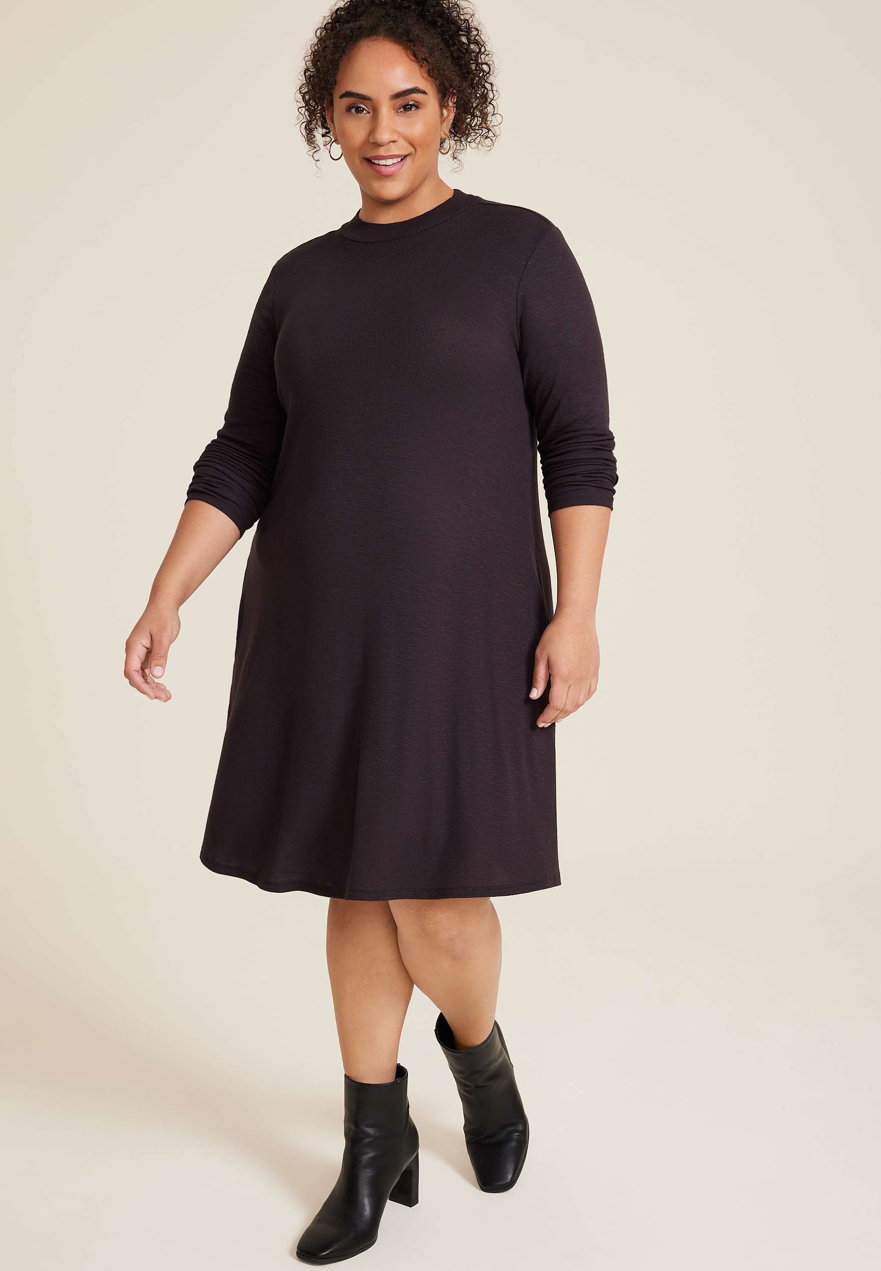 Plus Size 24/7 Mock Neck Long Sleeve Skater Dress, C106, large