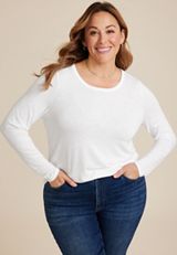 Plus Size 24/7 Kennedy Crew Neck Long Sleeve Tee, WHITE, small