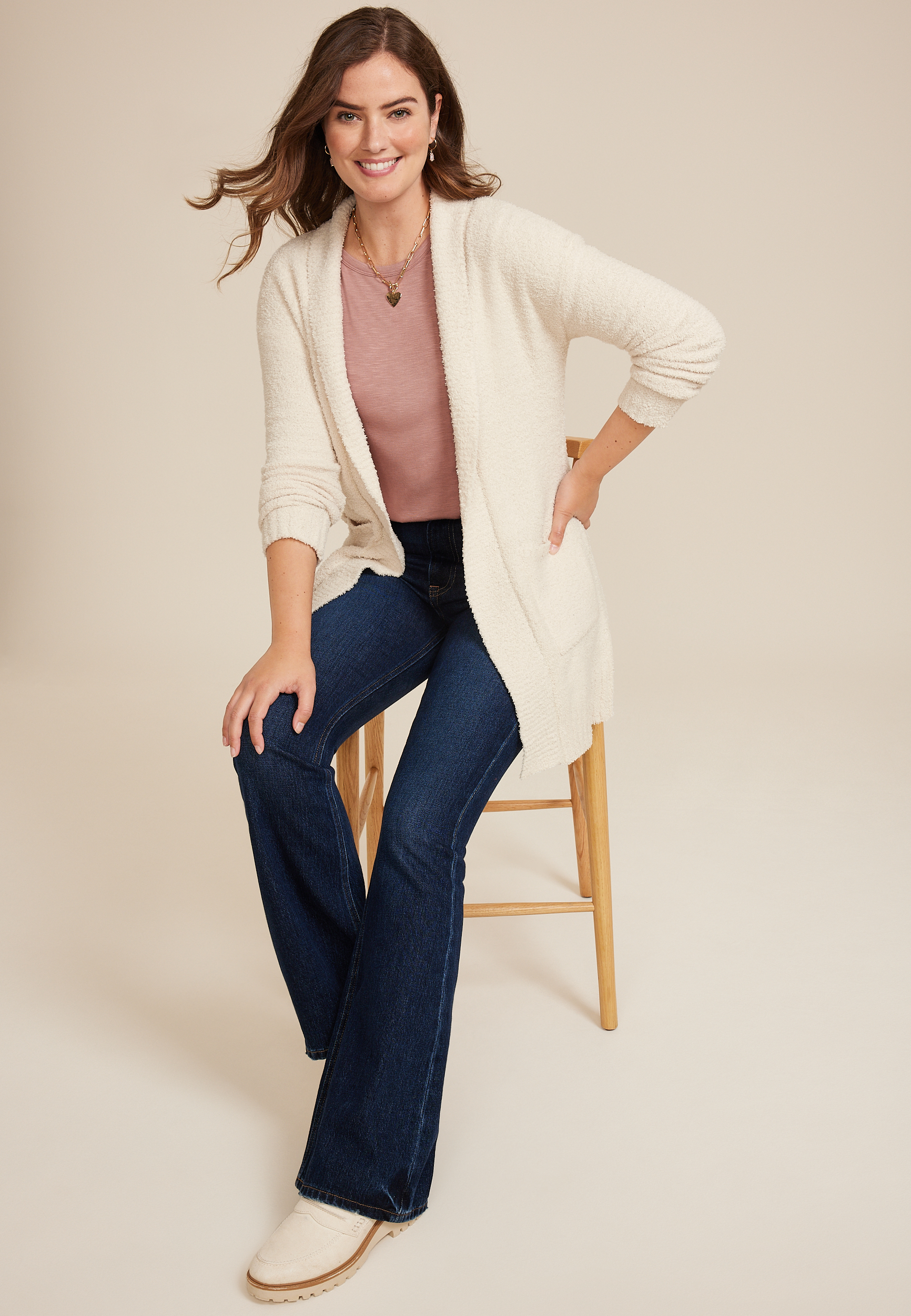 Teddy Knit Pocket Cardigan, COFFEE CREAMER, large