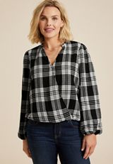 Plaid Bubble Hem Long Sleeve Blouse, C1756, small
