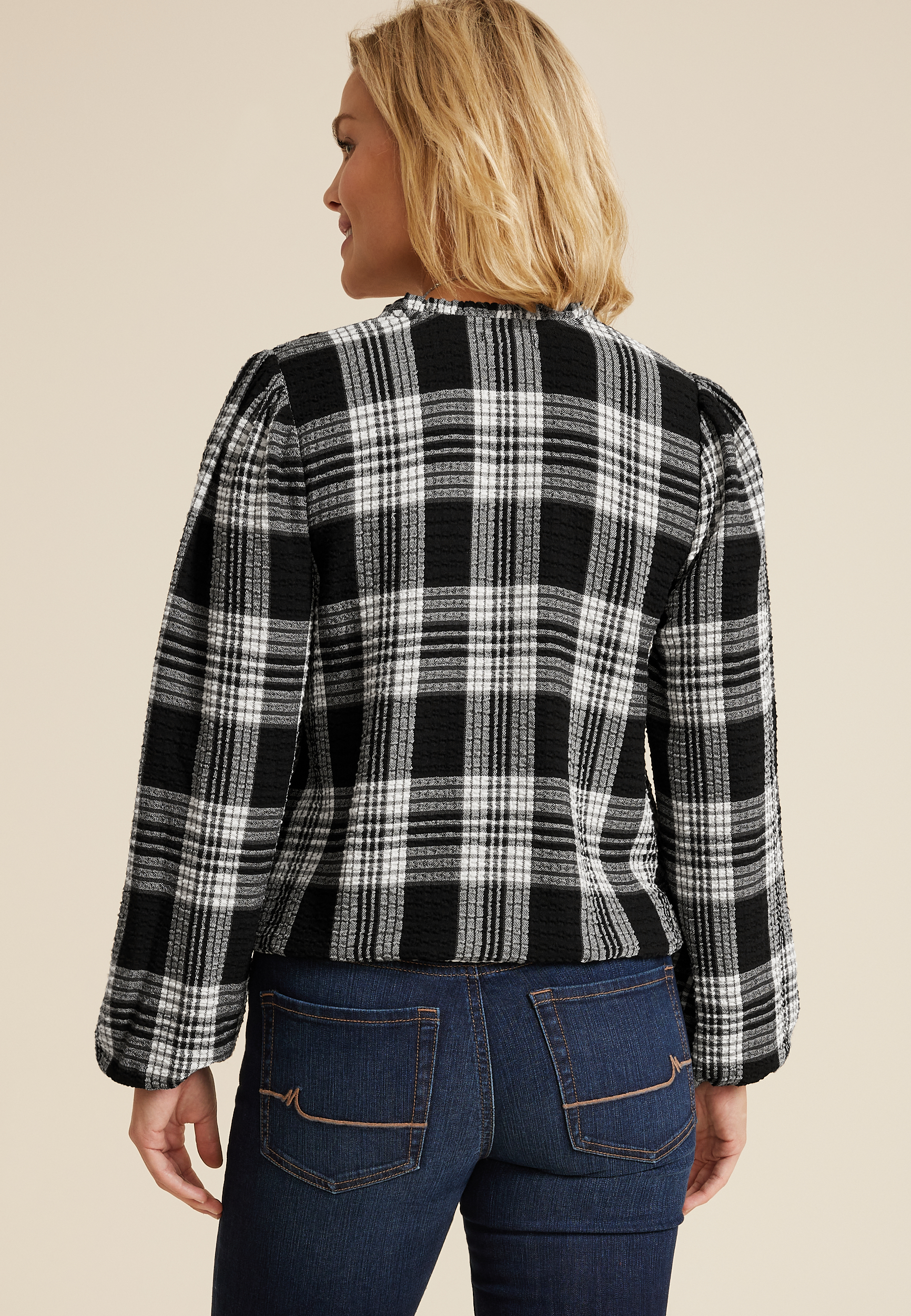 Plaid Bubble Hem Long Sleeve Blouse, C1756, large