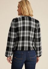 Plaid Bubble Hem Long Sleeve Blouse, C1756, small
