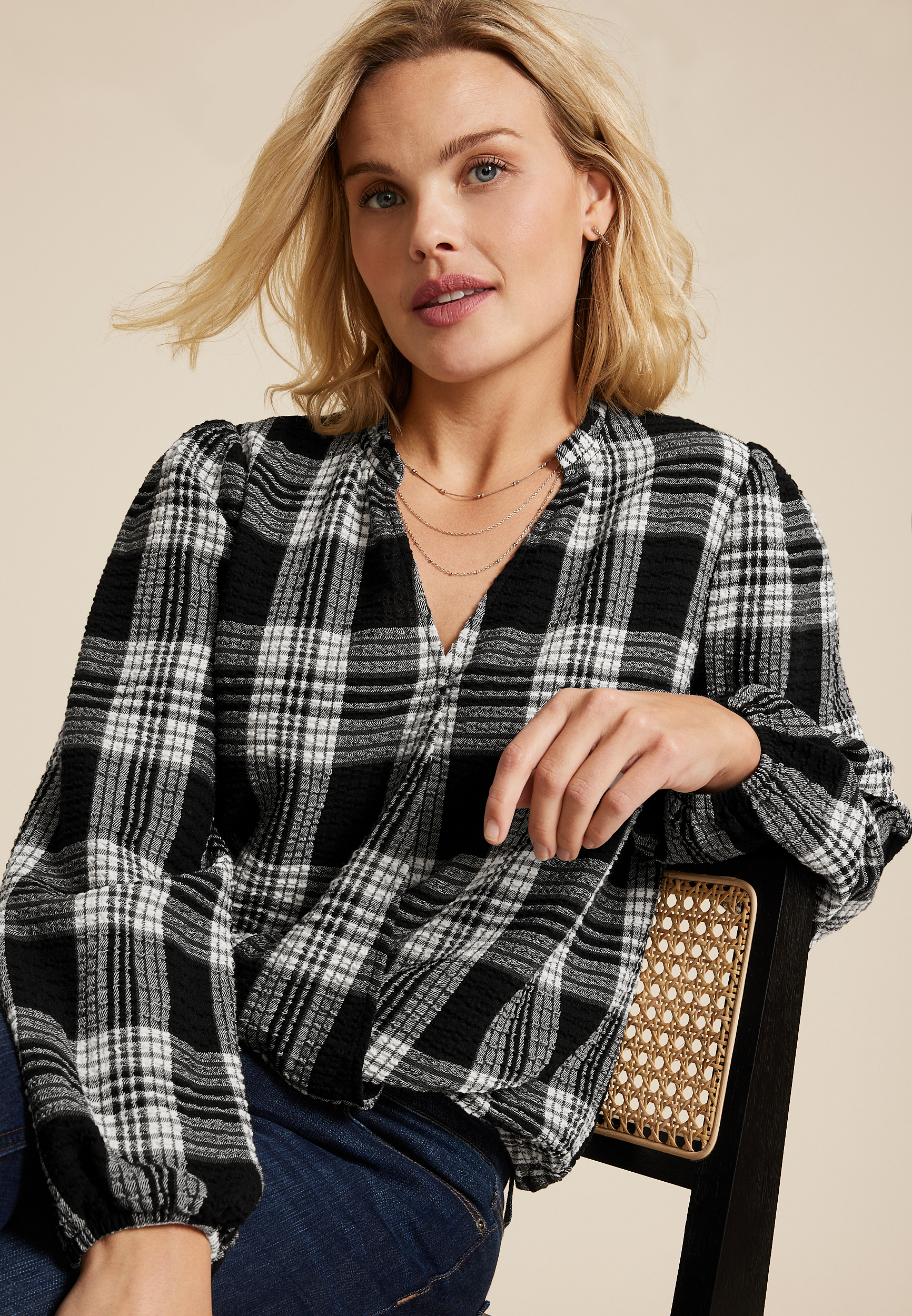 Plaid Bubble Hem Long Sleeve Blouse, C1756, large